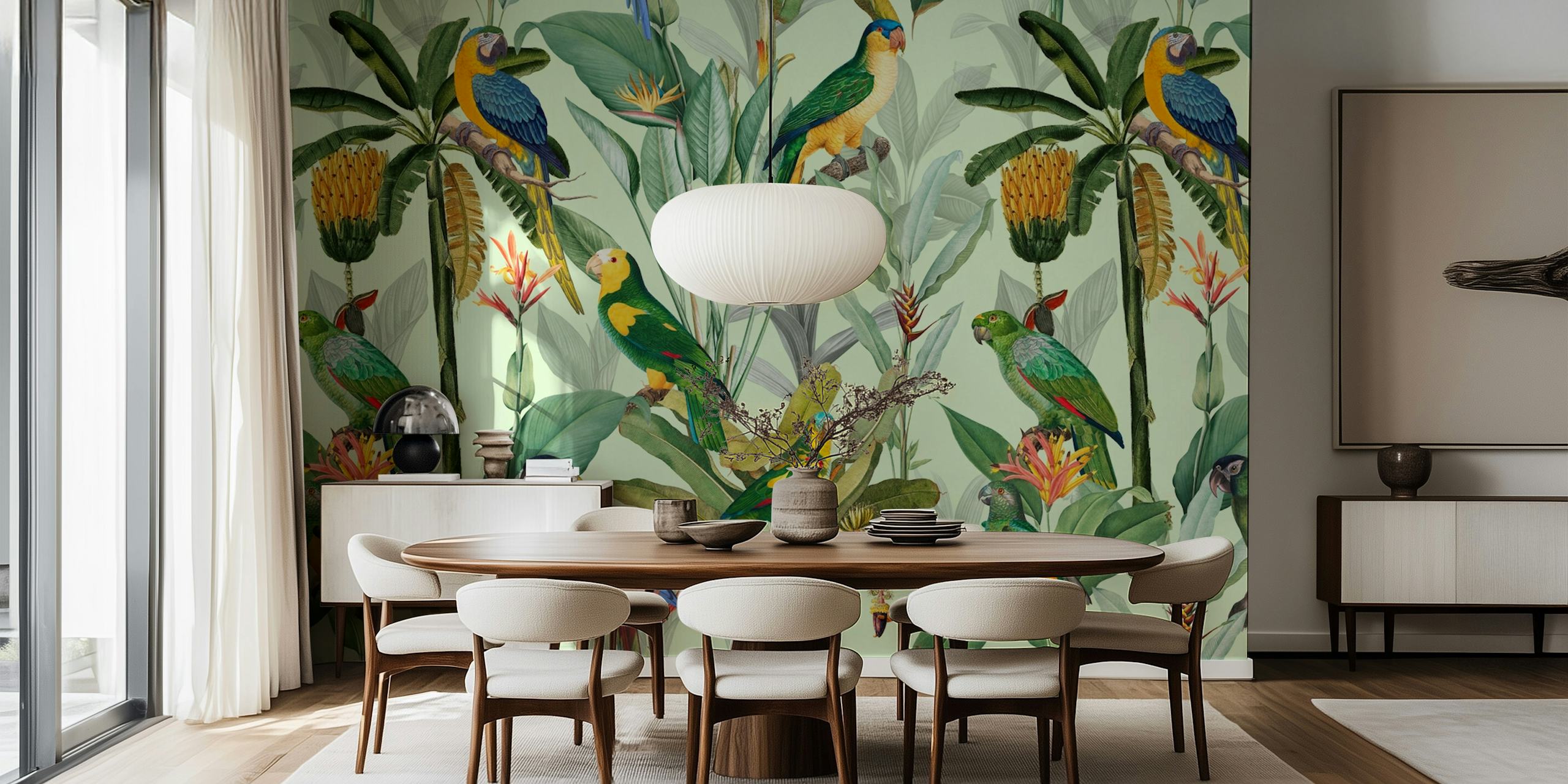 Colorful tropical parrots and greenery pattern wallpaper