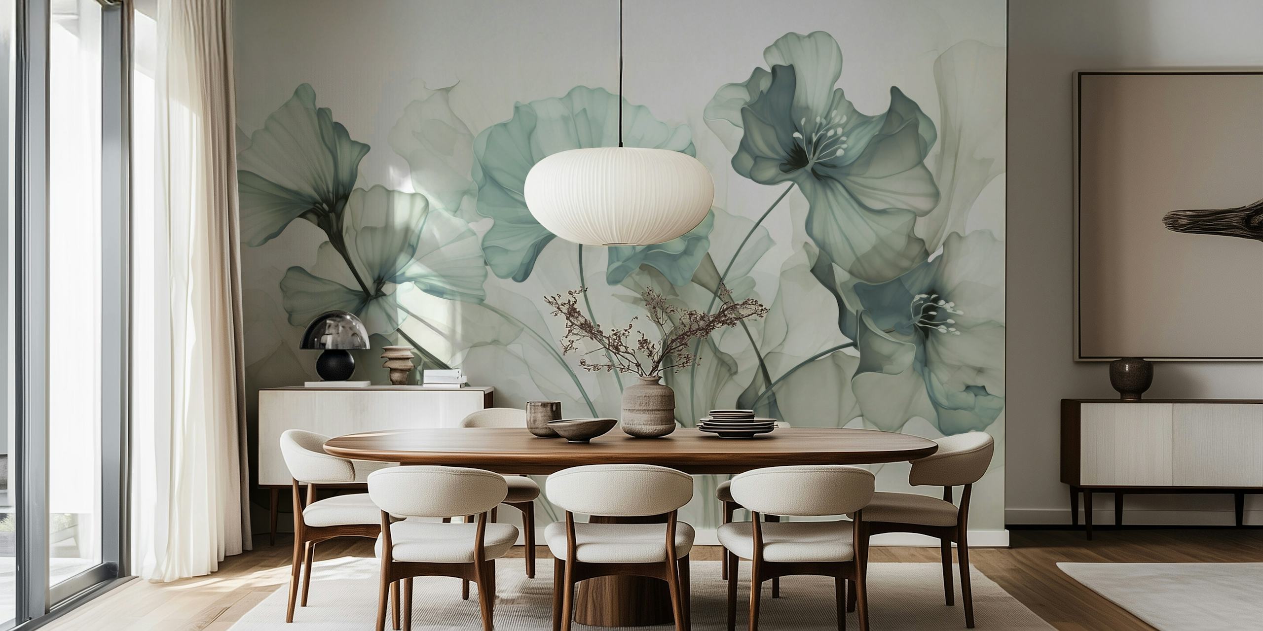 Teal grey floral wallpaper with delicate, flowing flowers