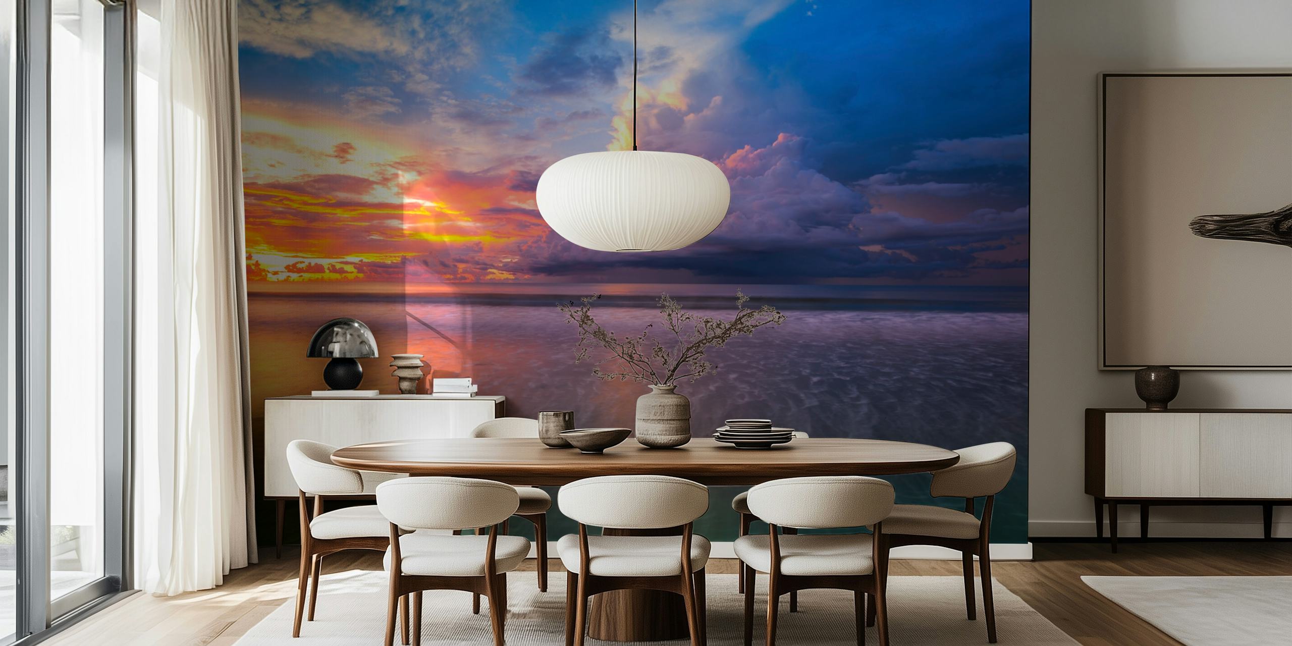 Vibrant ocean sunset with colorful clouds, blue and orange wallpaper