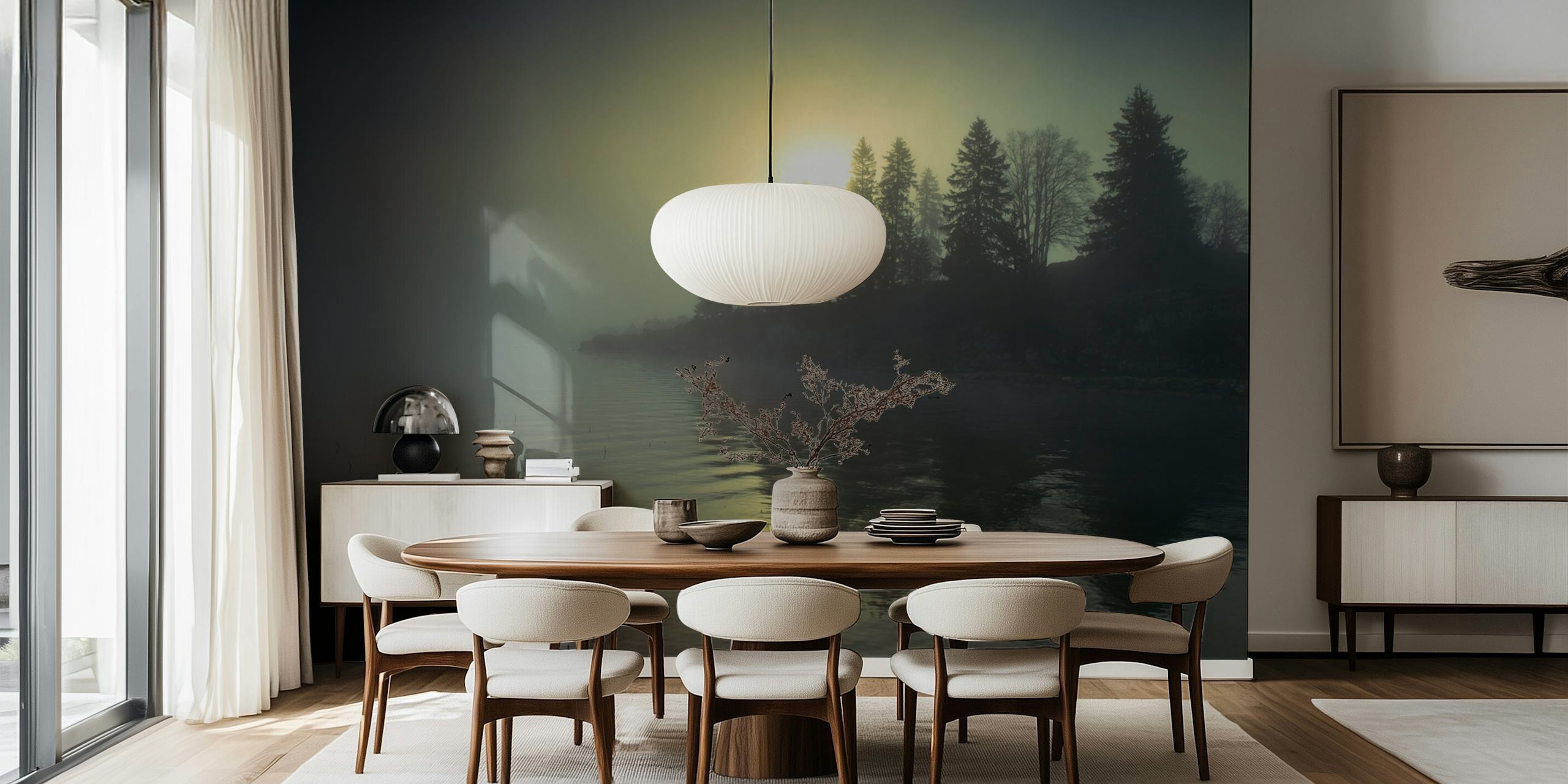 Zidna slika koja prikazuje maglovitu zoru uz jezero s drvećem