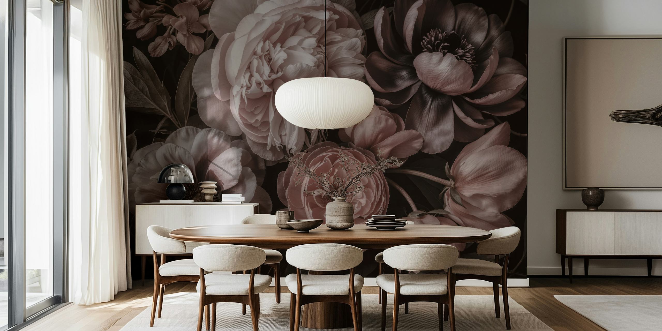 Fototapeta Blush Pink Moody Baroque Blooms s detailními květinovými vzory v růžových a šedých tónech.