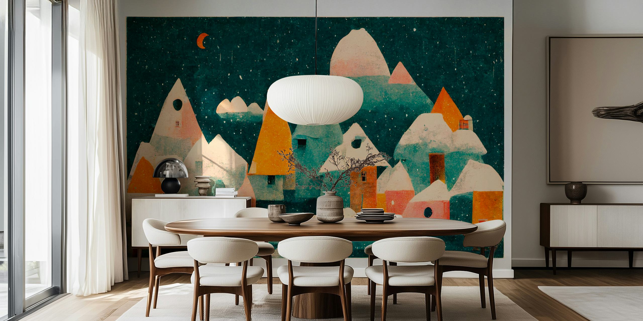 A stylized wall mural depicting a charming snow-covered village under a starry night sky with a crescent moon
