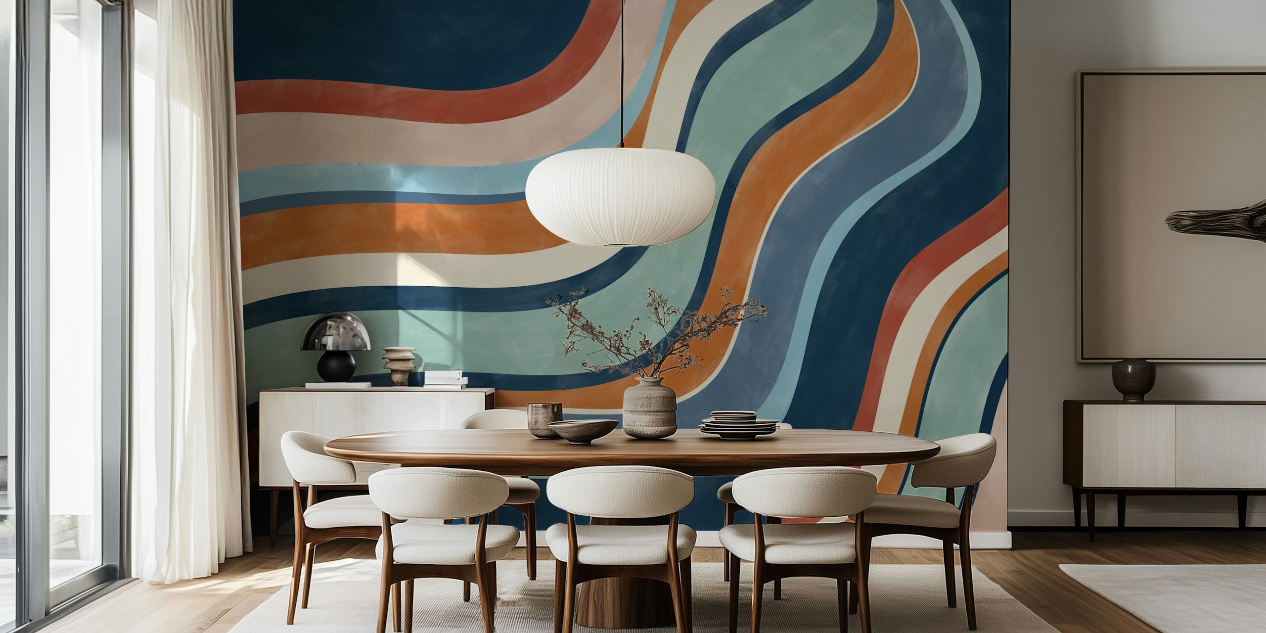 Colorful retro wave pattern in blue, orange, and cream wallpaper