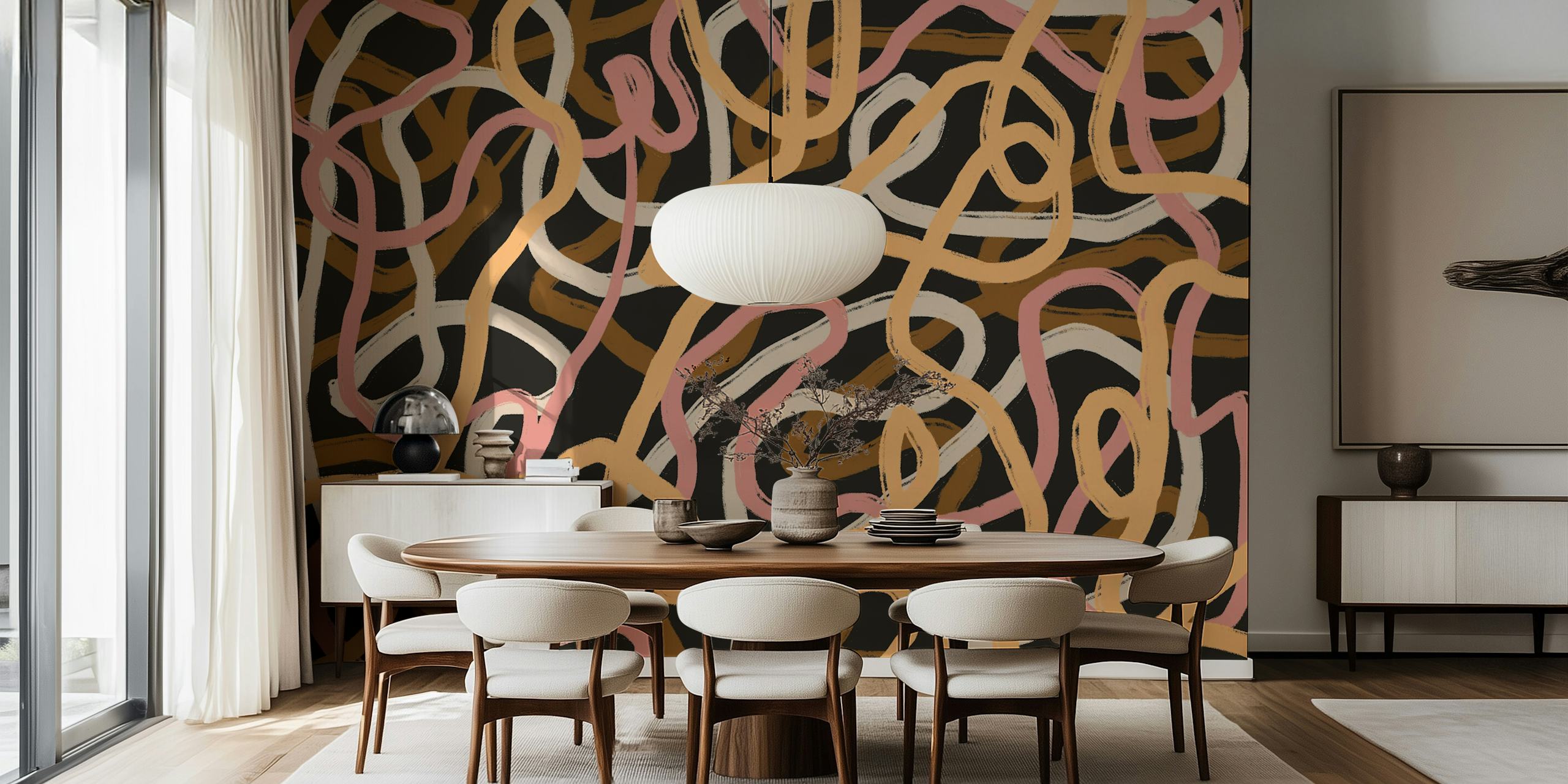 Abstract wavy lines in pink, tan, and cream on black wallpaper