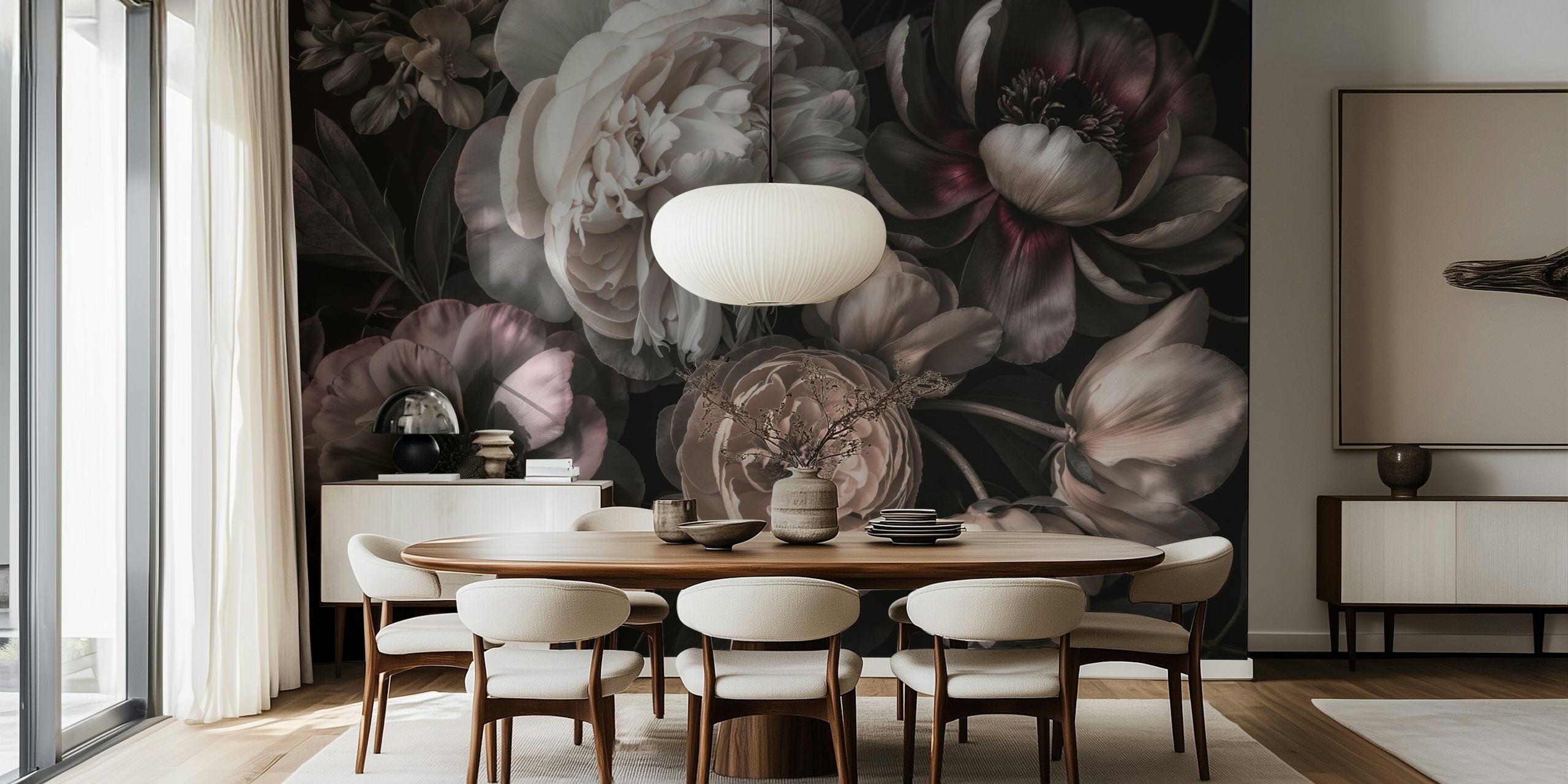 Dark moody baroque blooms wallpaper in a room