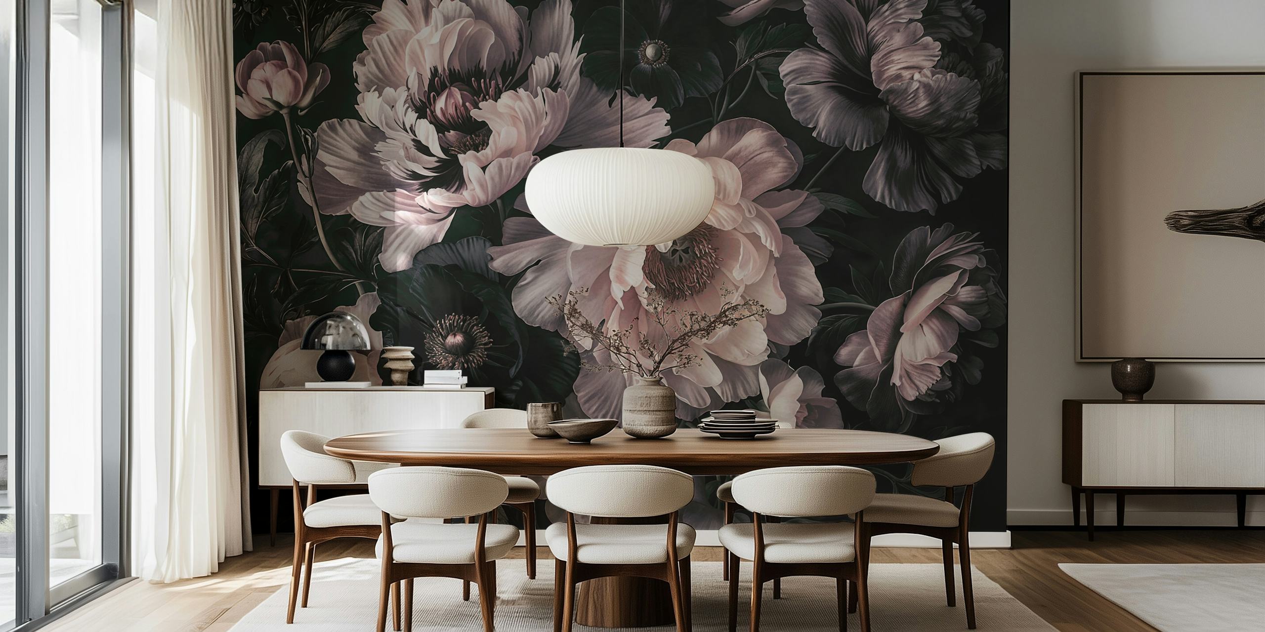 Dark moody floral papel tapiz en una habitación