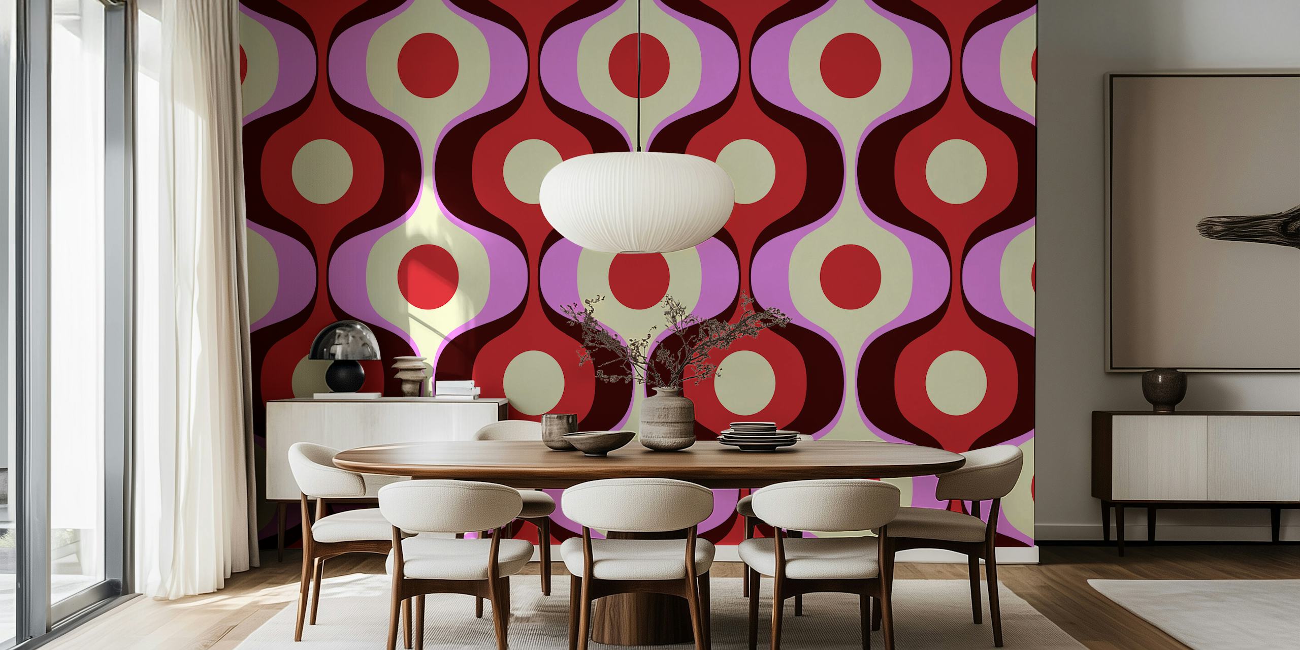 Vibrant vintage abstract geometric wallpaper in a room