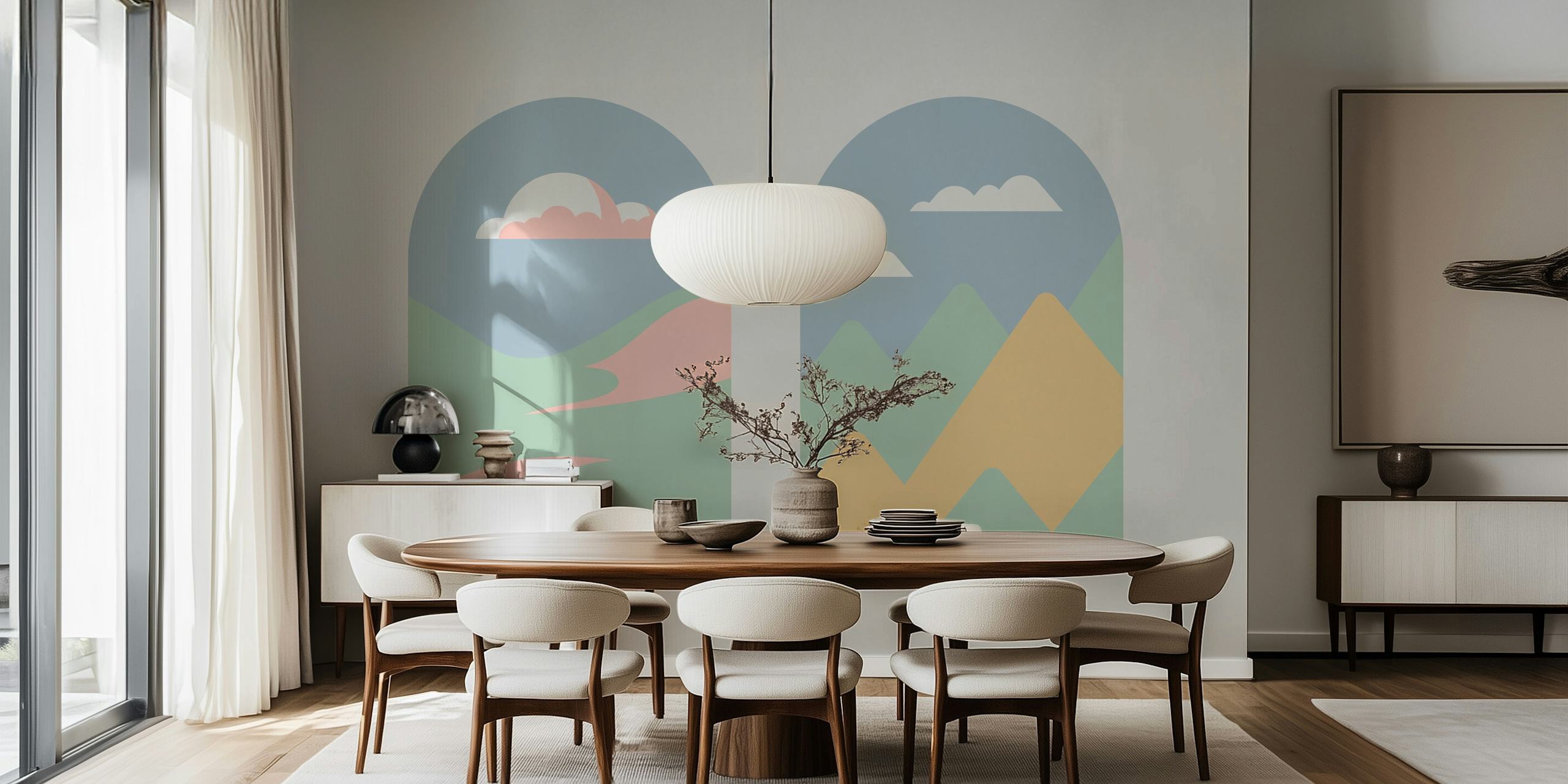 Happy Pastel Boho Arch Landscape fotobehang met abstracte heuvels en wolken in zachte kleuren