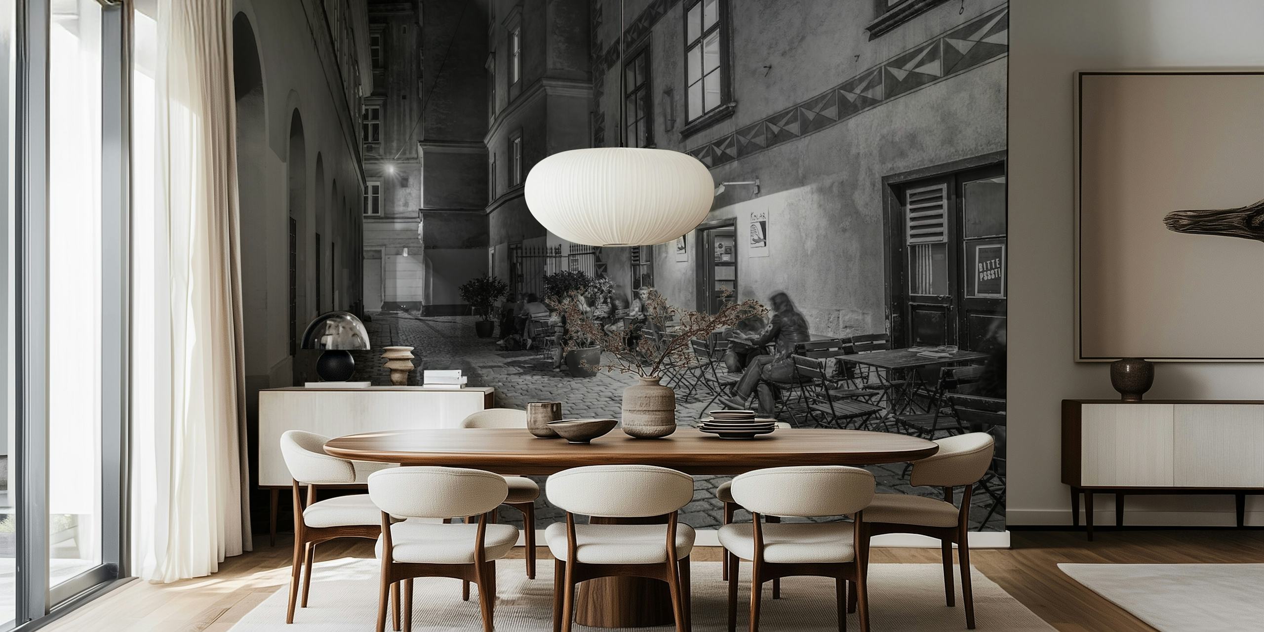 Street cafe scene with tables, cobblestone path in black and white wallpaper