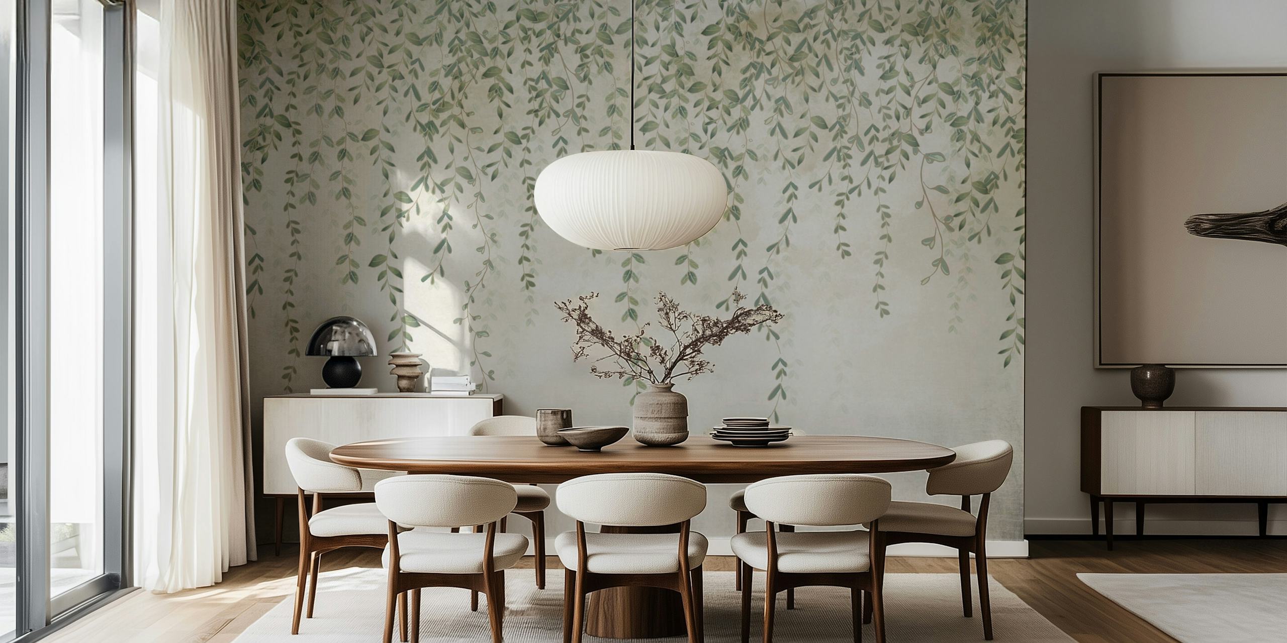 Hanging leaves in soft green tones on a textured background wallpaper