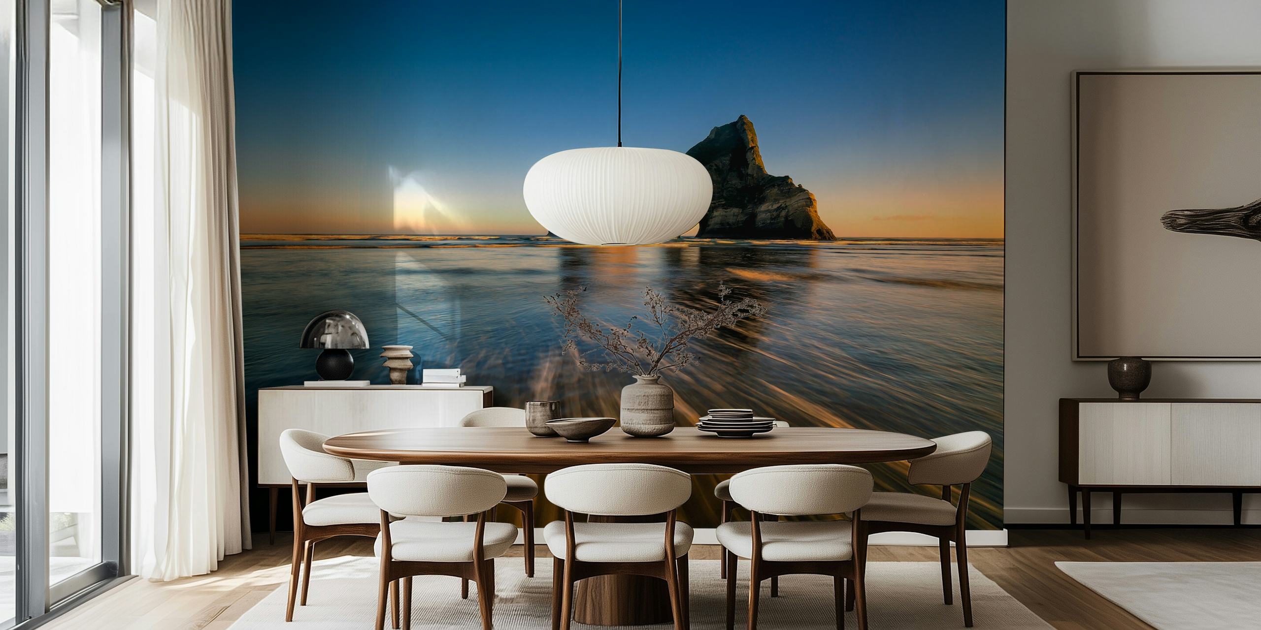 Wharaiki Beach Wandbild mit Sonnenuntergang und Felsformationen