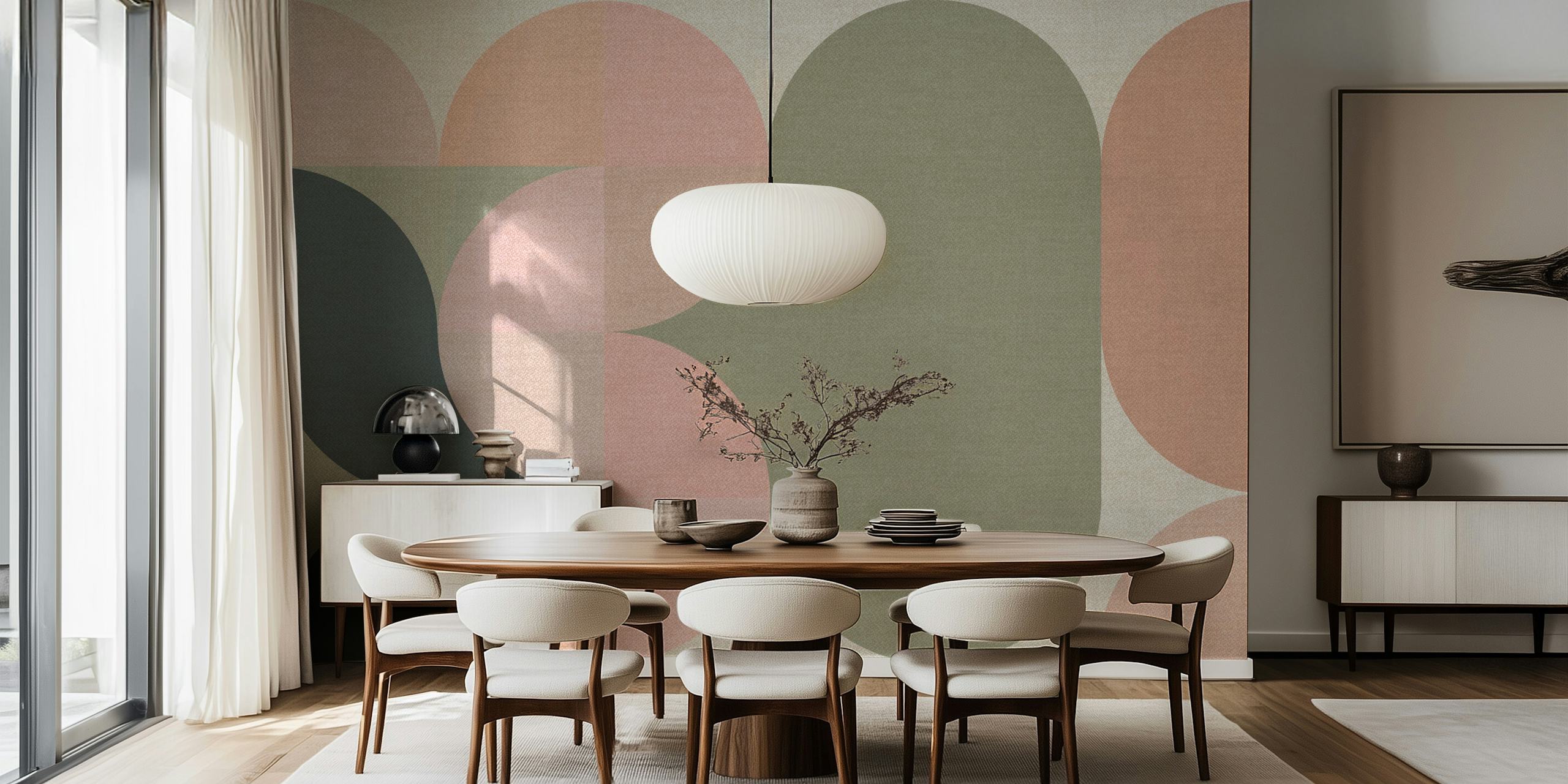 Muted geometric patterns in soft pink, green, and gray wallpaper