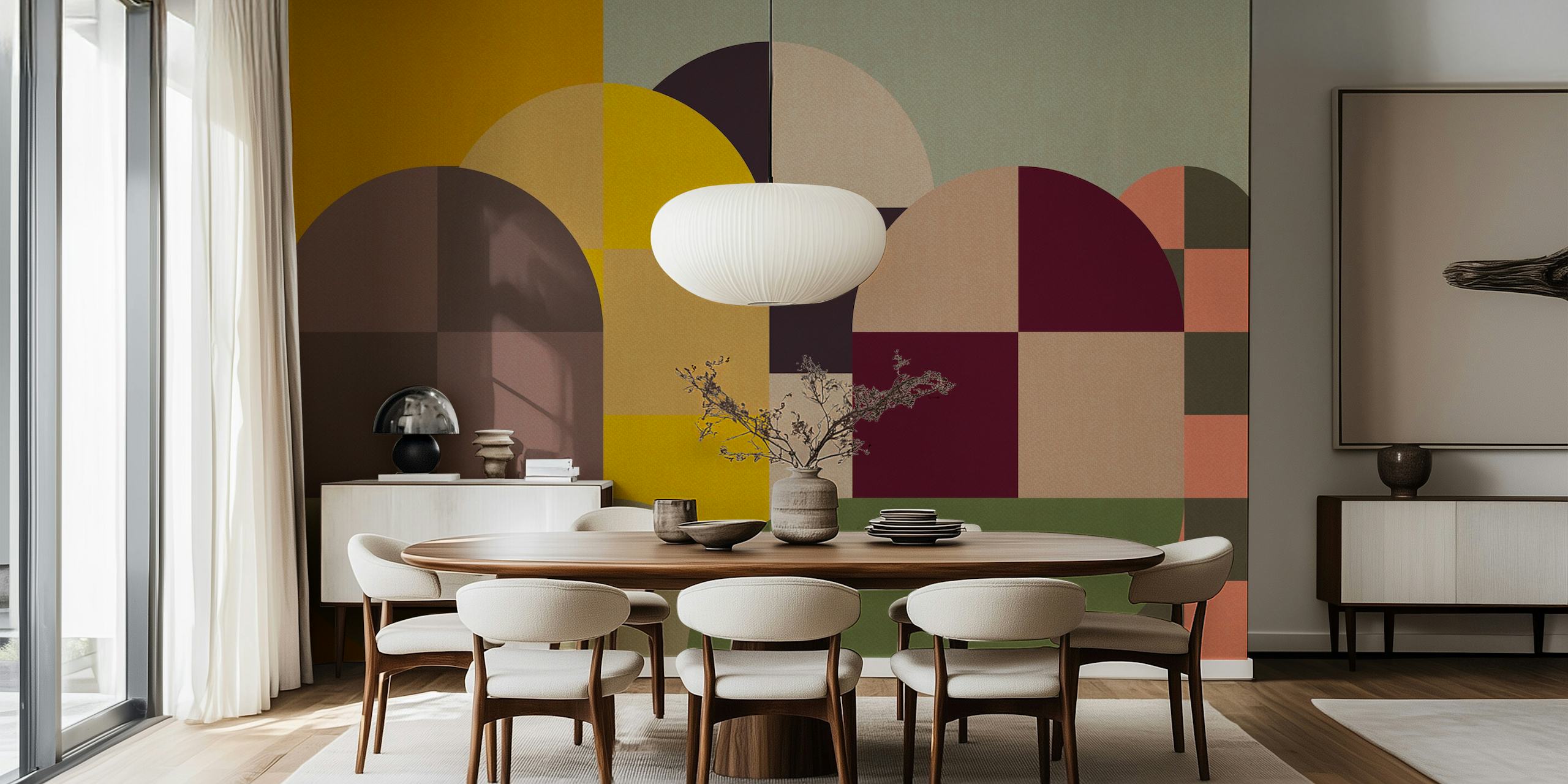 Geometric abstract shapes in yellow, green, and brown wallpaper