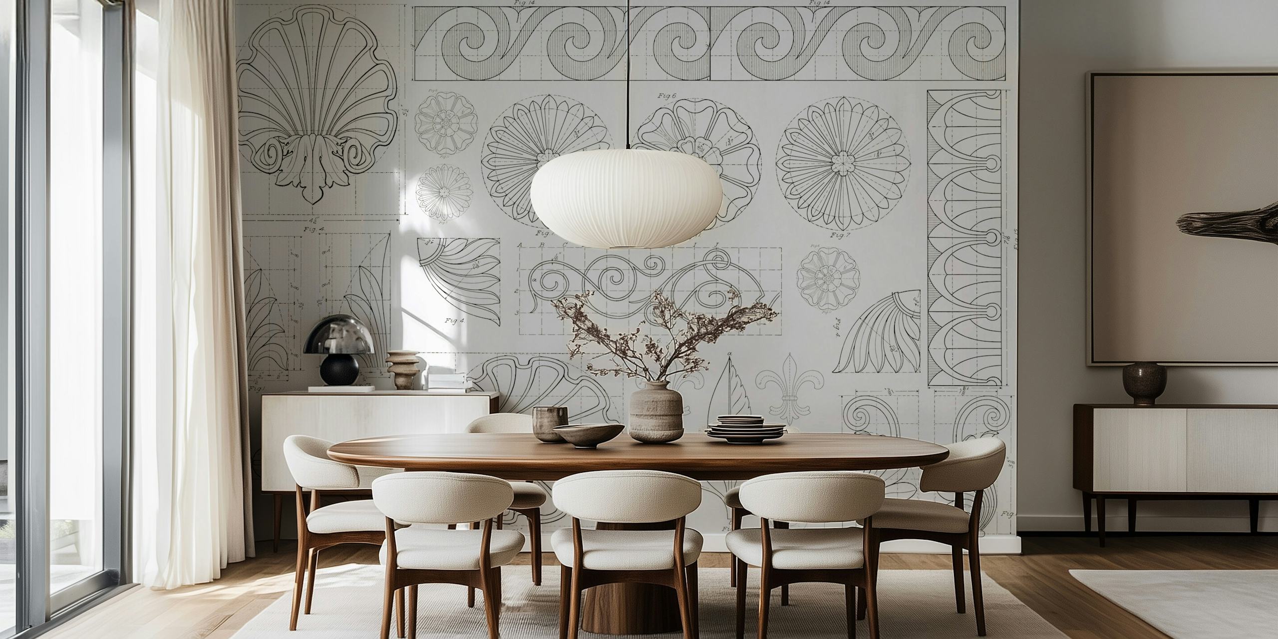 Vintage architectural floral ornament wallpaper in grayscale