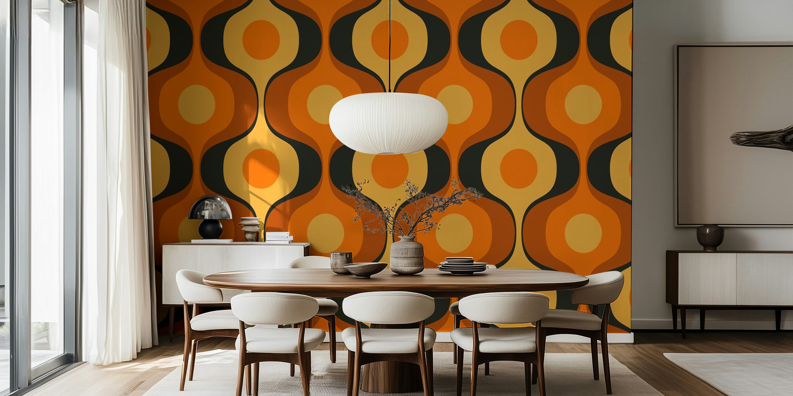Geometric wave pattern in orange, black, and cream colors wallpaper