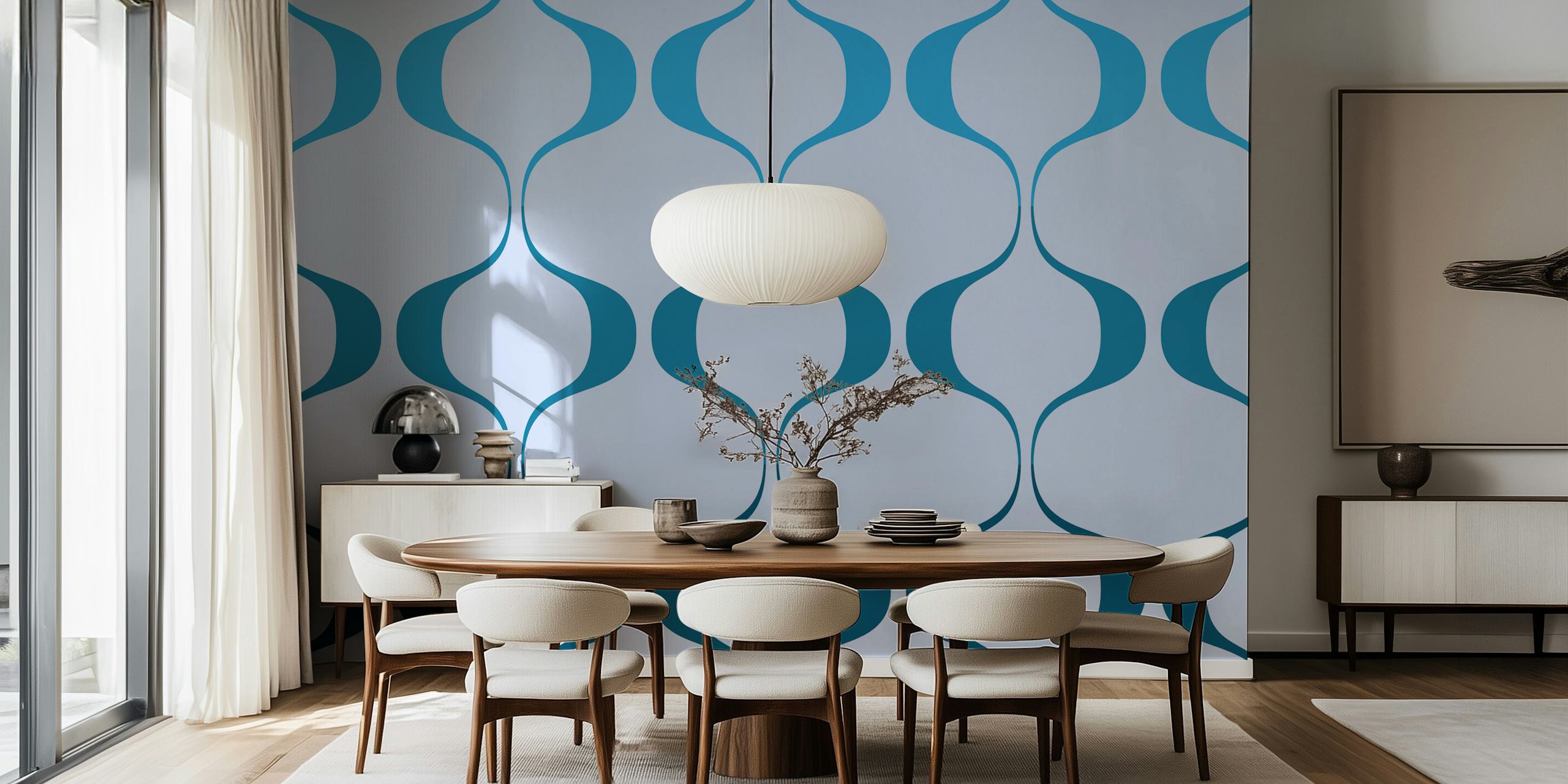 Fresh Retro Abstract Geo Waves Wall Mural with calm blue tones and geometric wave patterns.
