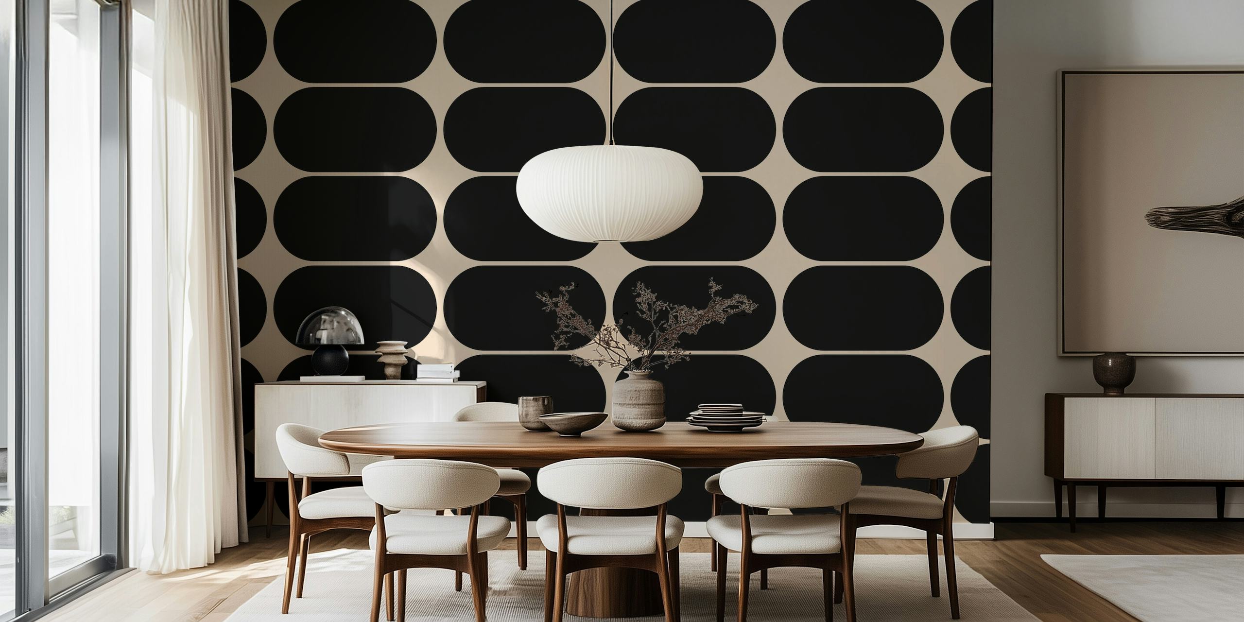 Minimal Mid-Century Pebbles Abstract Vintage ταπετσαρία σε ένα δωμάτιο