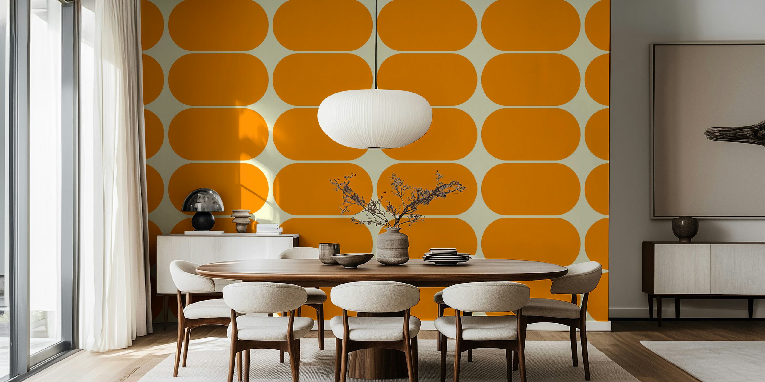 Abstract orange pebble shapes on cream background wallpaper