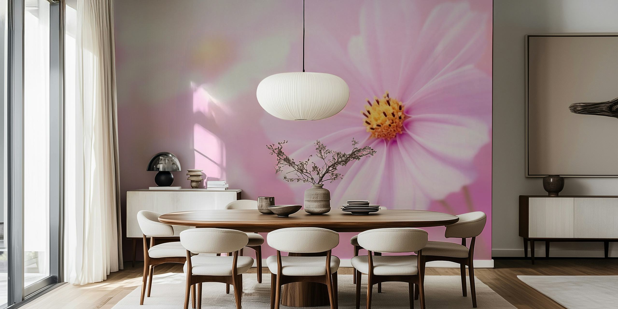 Nahaufnahme einer rosa Blüte, die das Wandgemälde „Beautiful Summer Day“ auf happywall.com darstellt