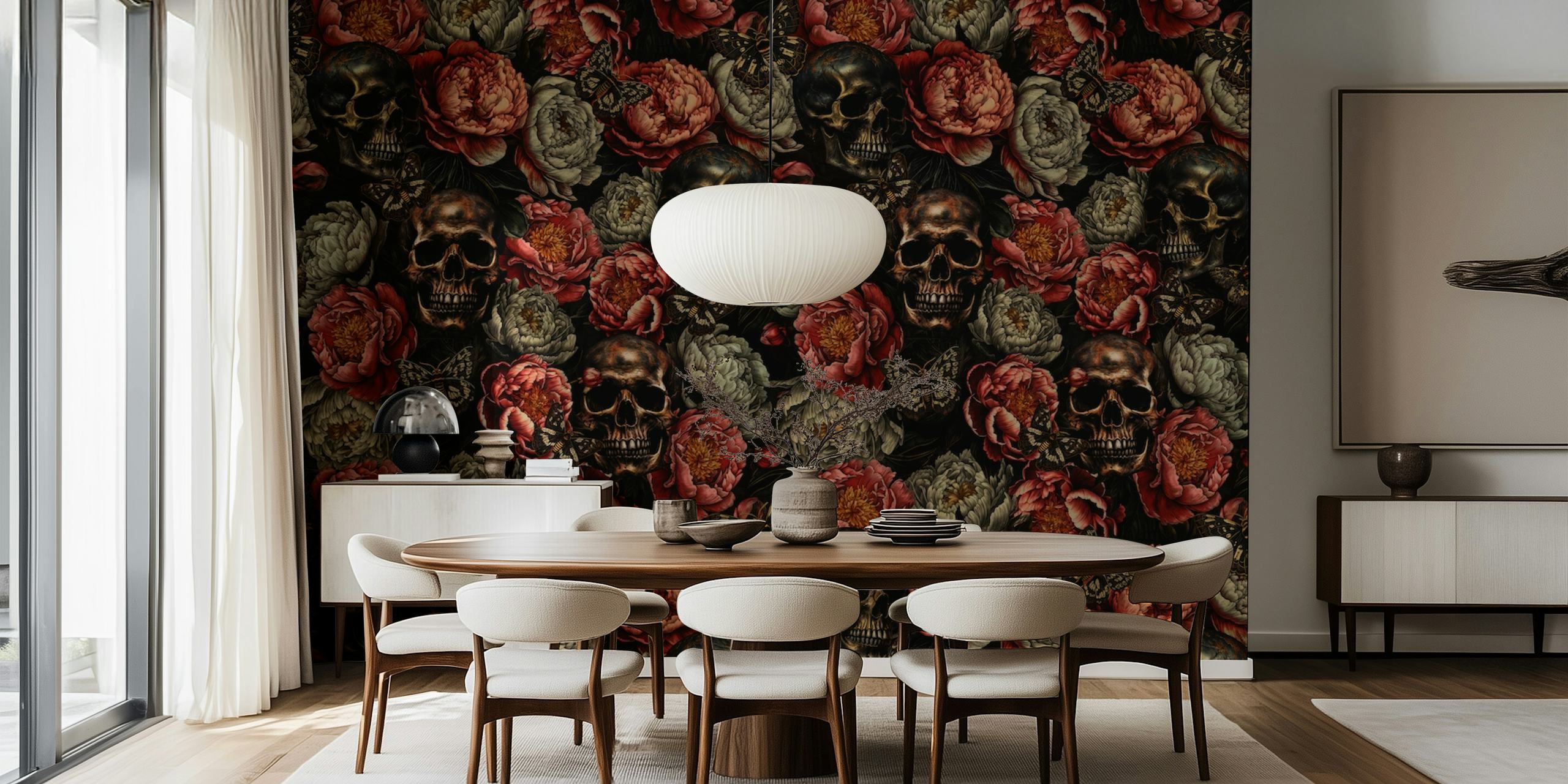 Skulls with colorful flowers on a dark background wallpaper
