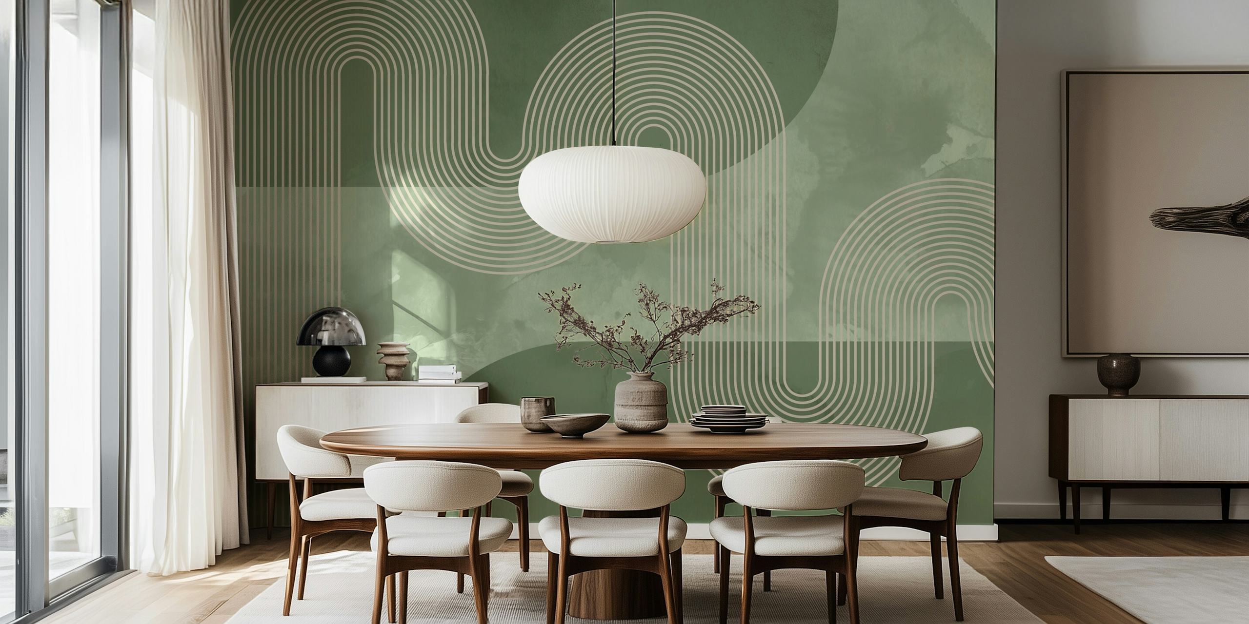 Mid Century Modern Curvy Lines in aquarel muurschildering met gedempte groene tinten voor een vintage-geïnspireerde inrichting