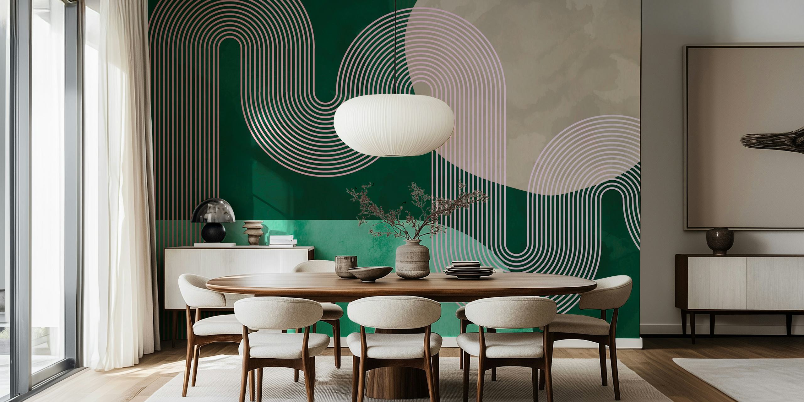 Curvy lines in green and pink tones with a mid century modern style wallpaper
