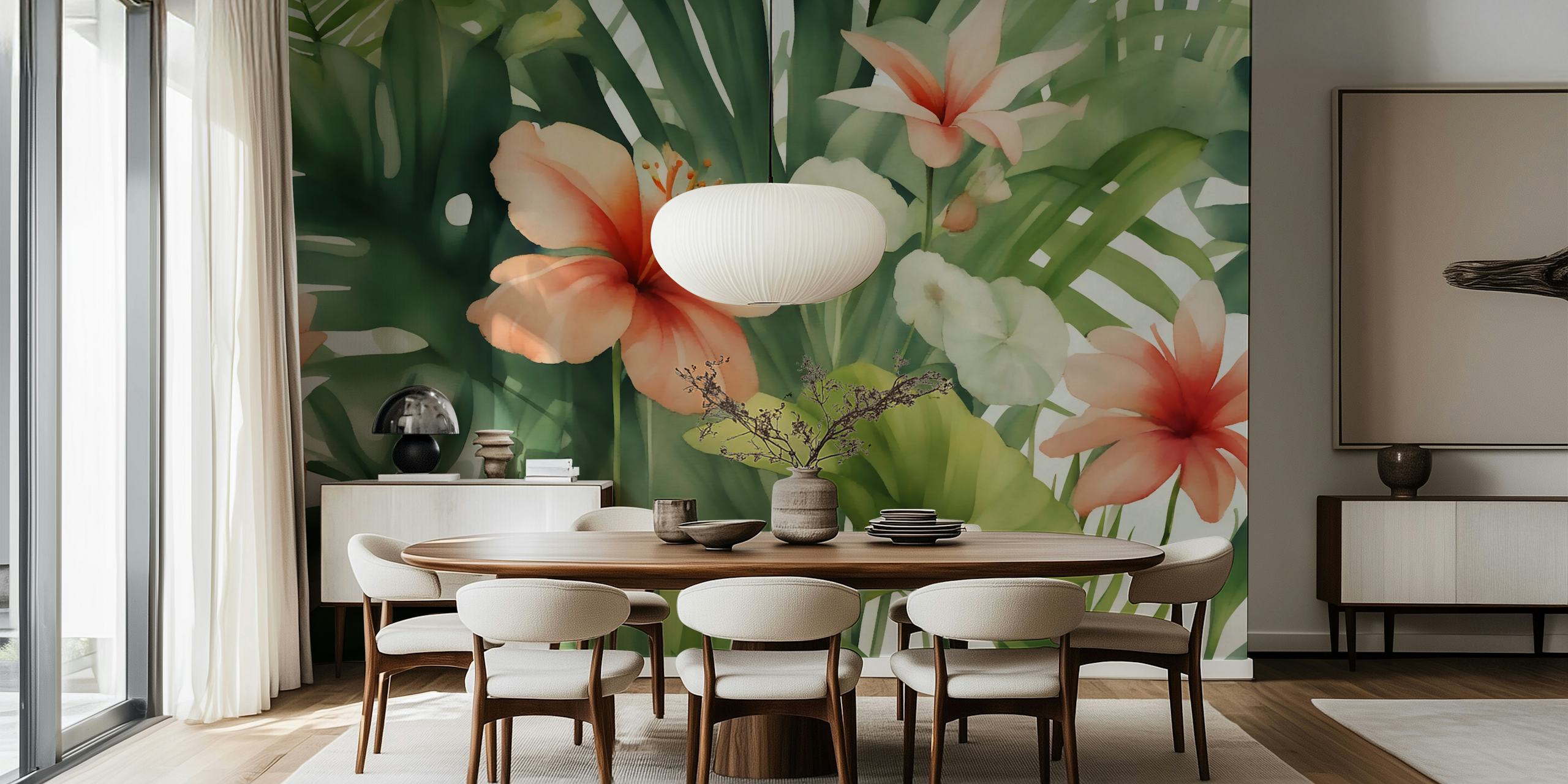 Tropical watercolor blooms wallpaper in a room