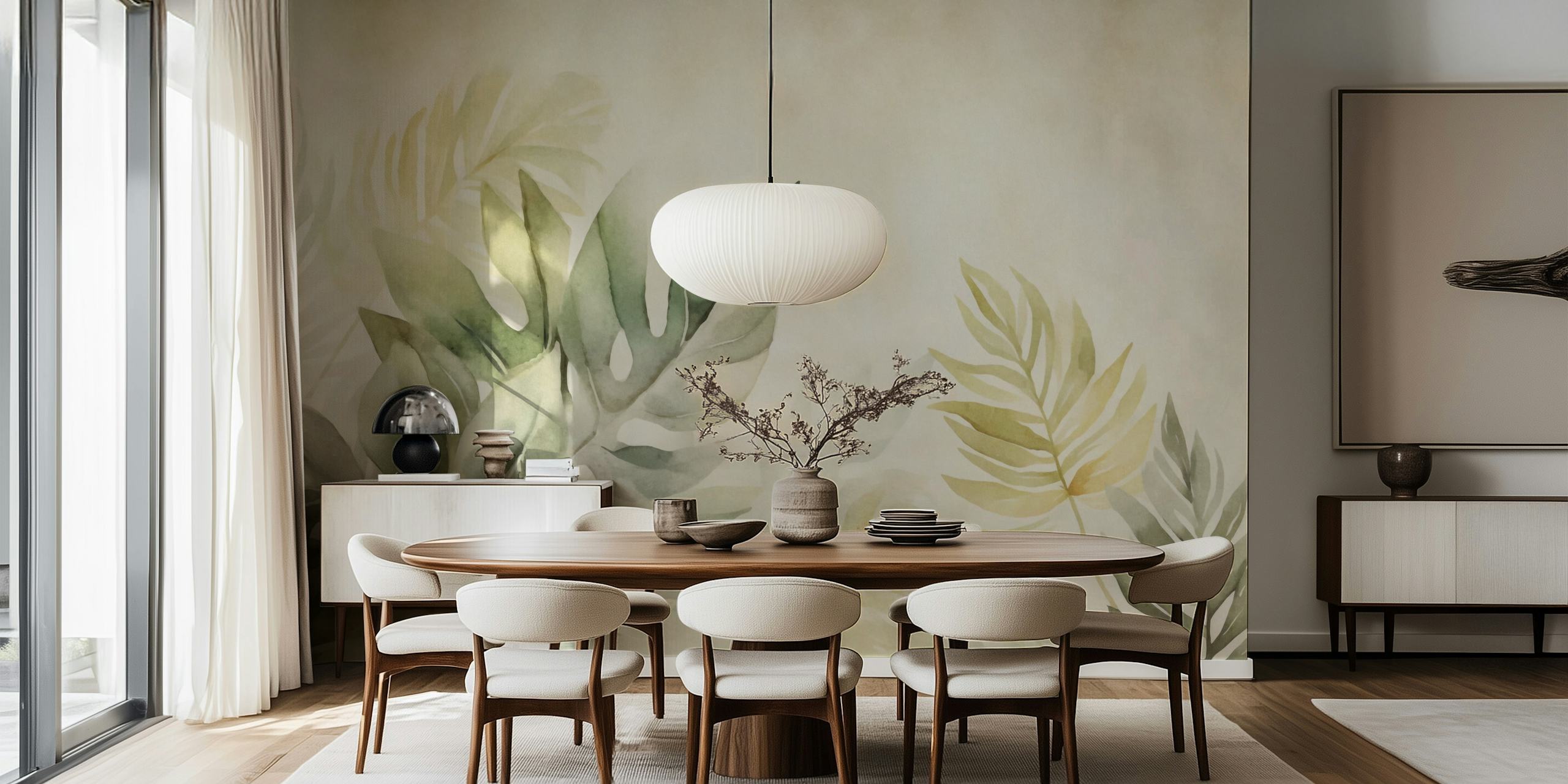Gentle Leaf Tropical Whispers Beige Green wall mural with serene foliage