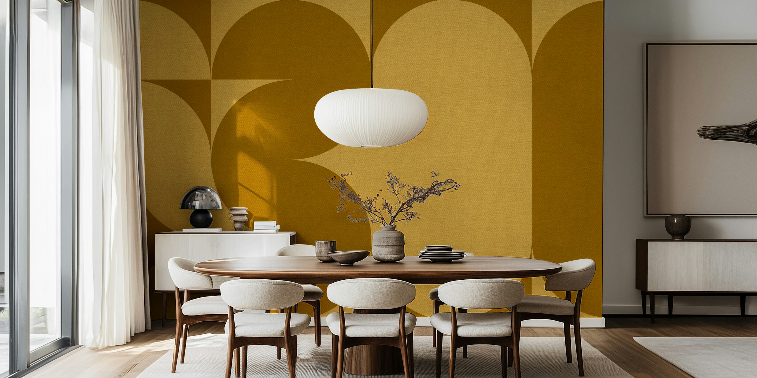 Minimalist retro wall mural with geometric shapes on a linen-textured background