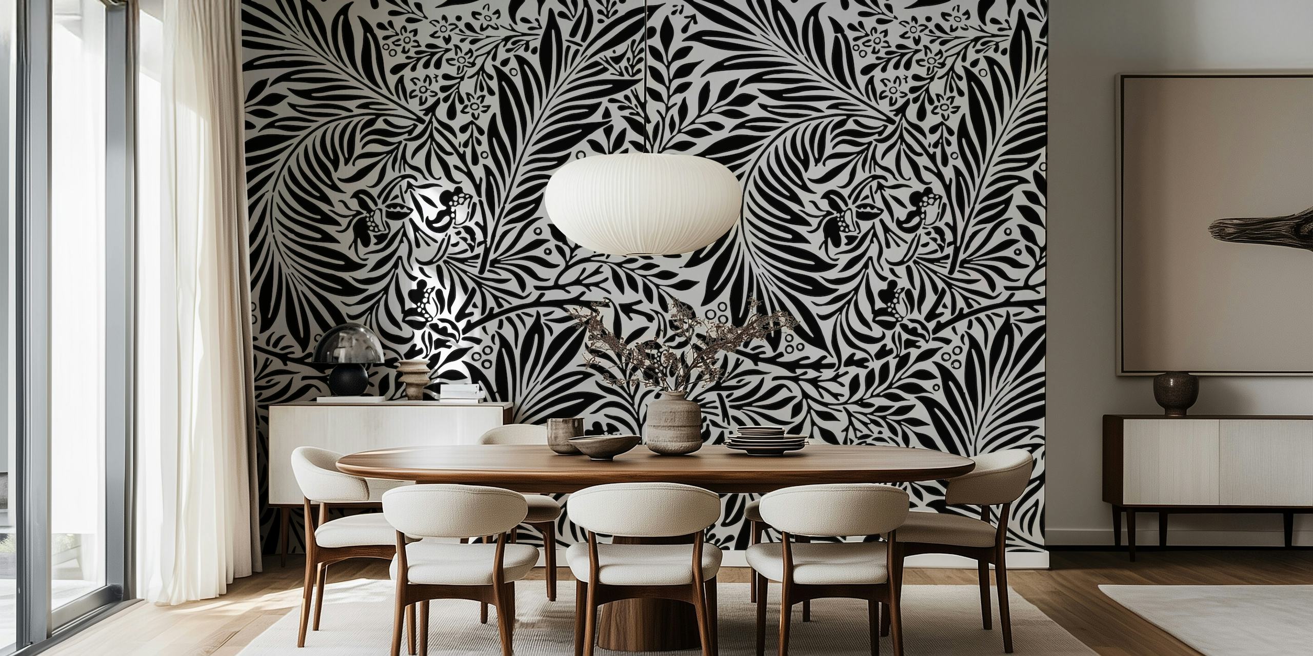 Black and white floral pattern wallpaper with vintage leaves and flowers