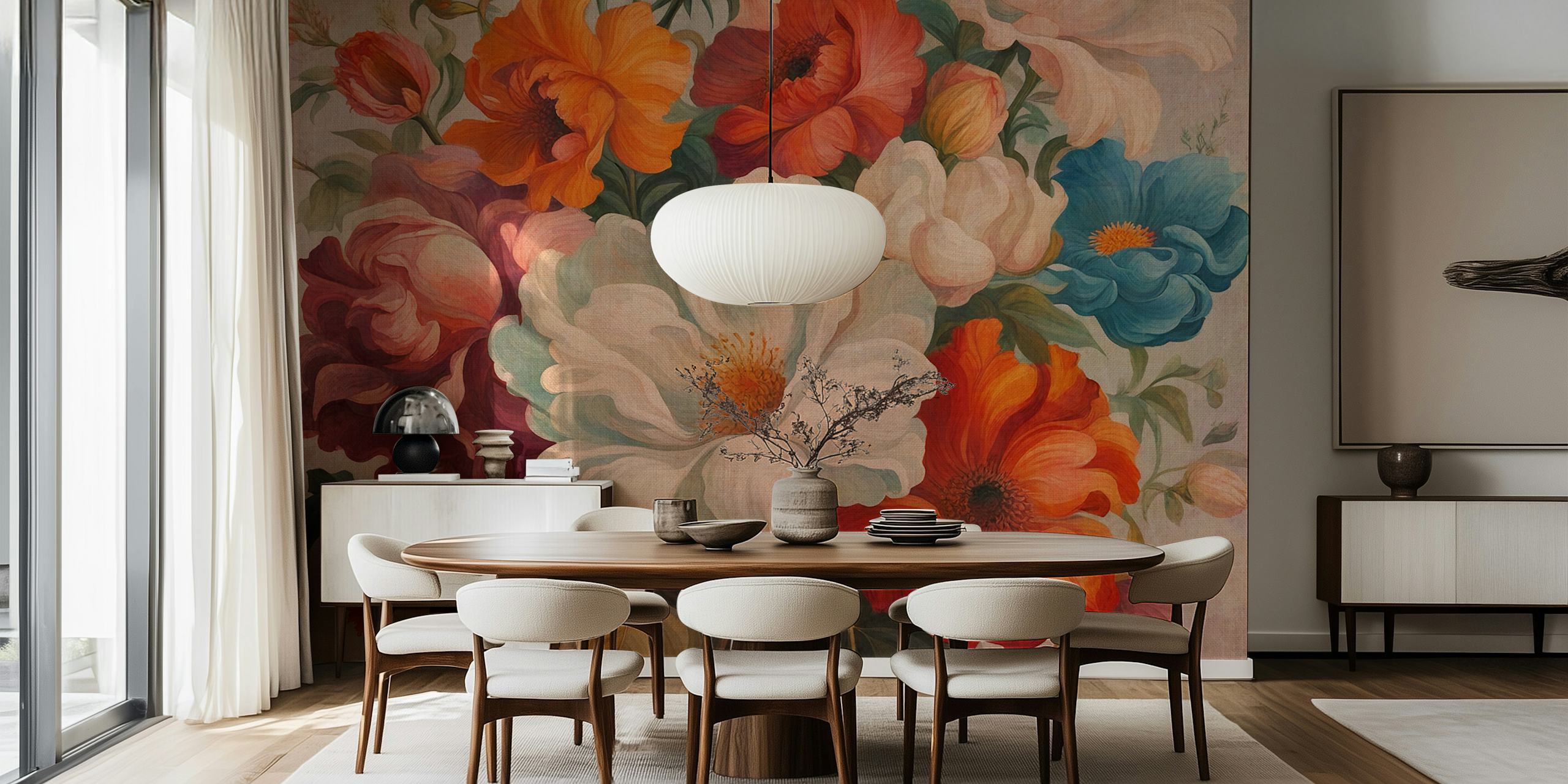 Moody Warm Baroque Flowers tapetti huoneessa