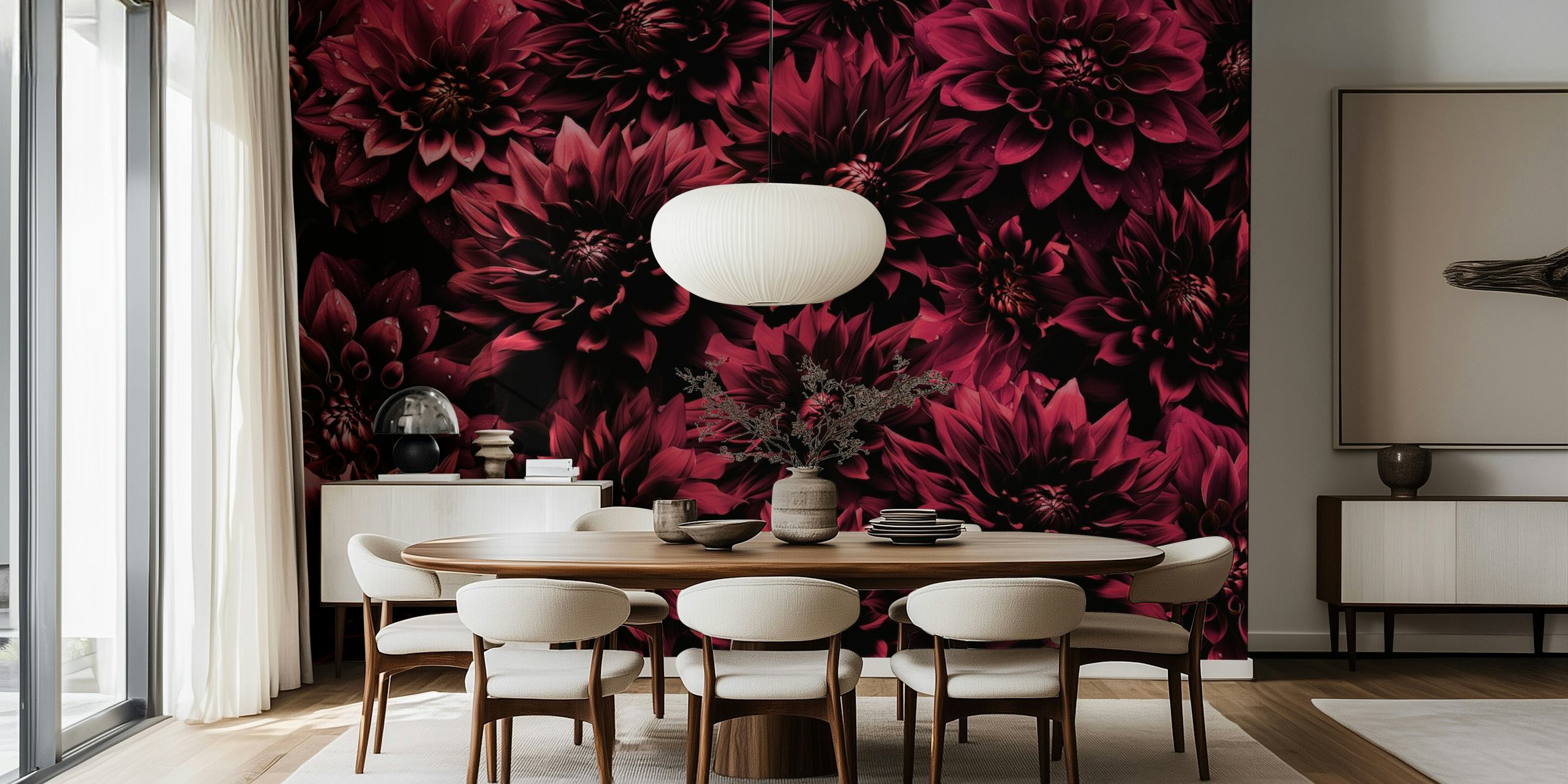 Dark burgundy baroque dahlias wallpaper in a room