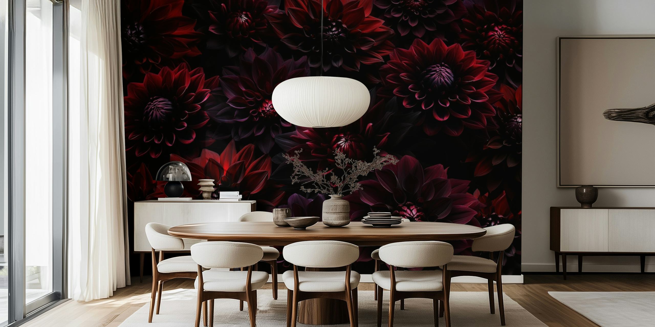 Dark burgundy dahlias in a baroque pattern wallpaper
