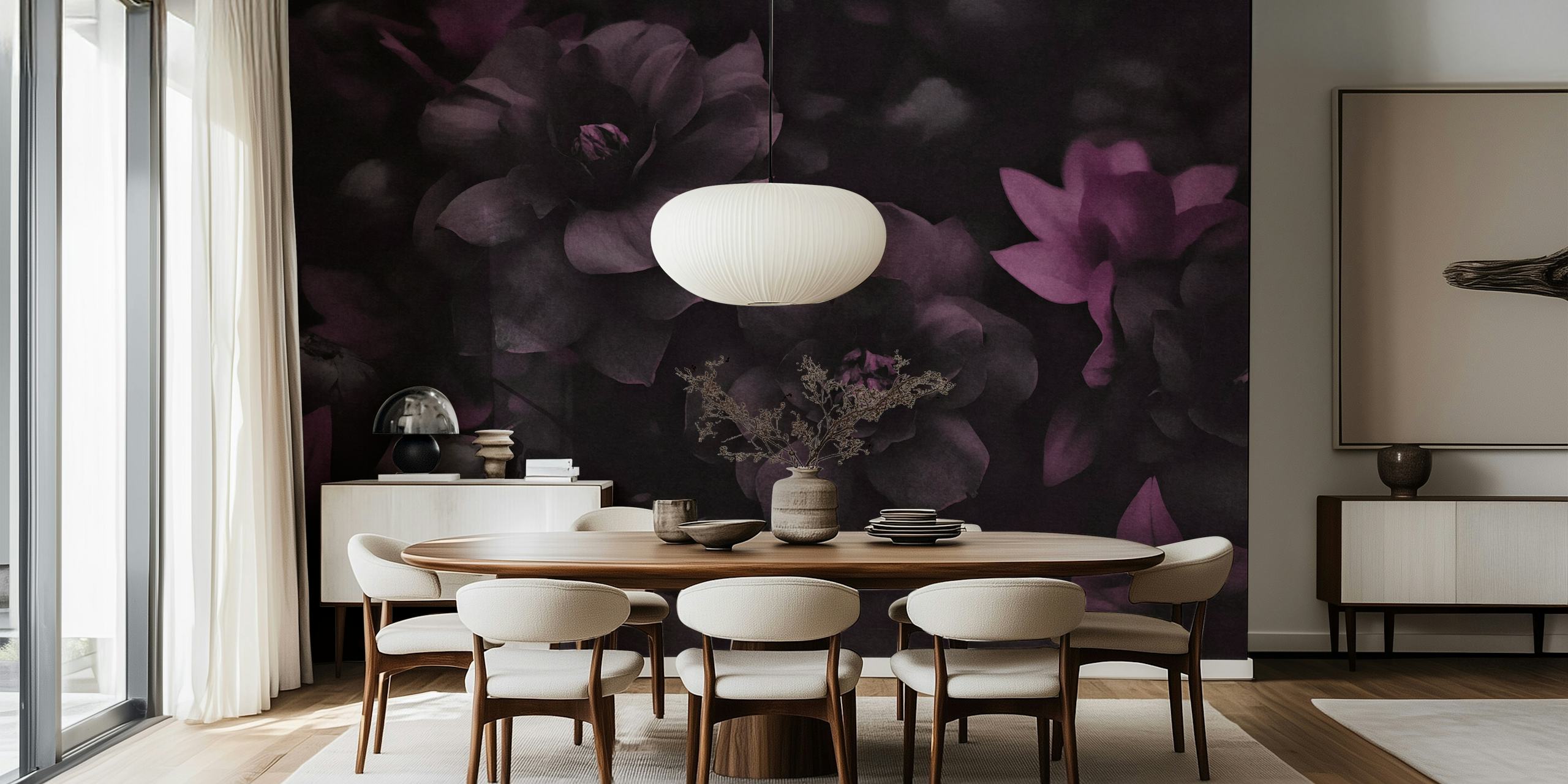 Dark mauve floral wallpaper in a room