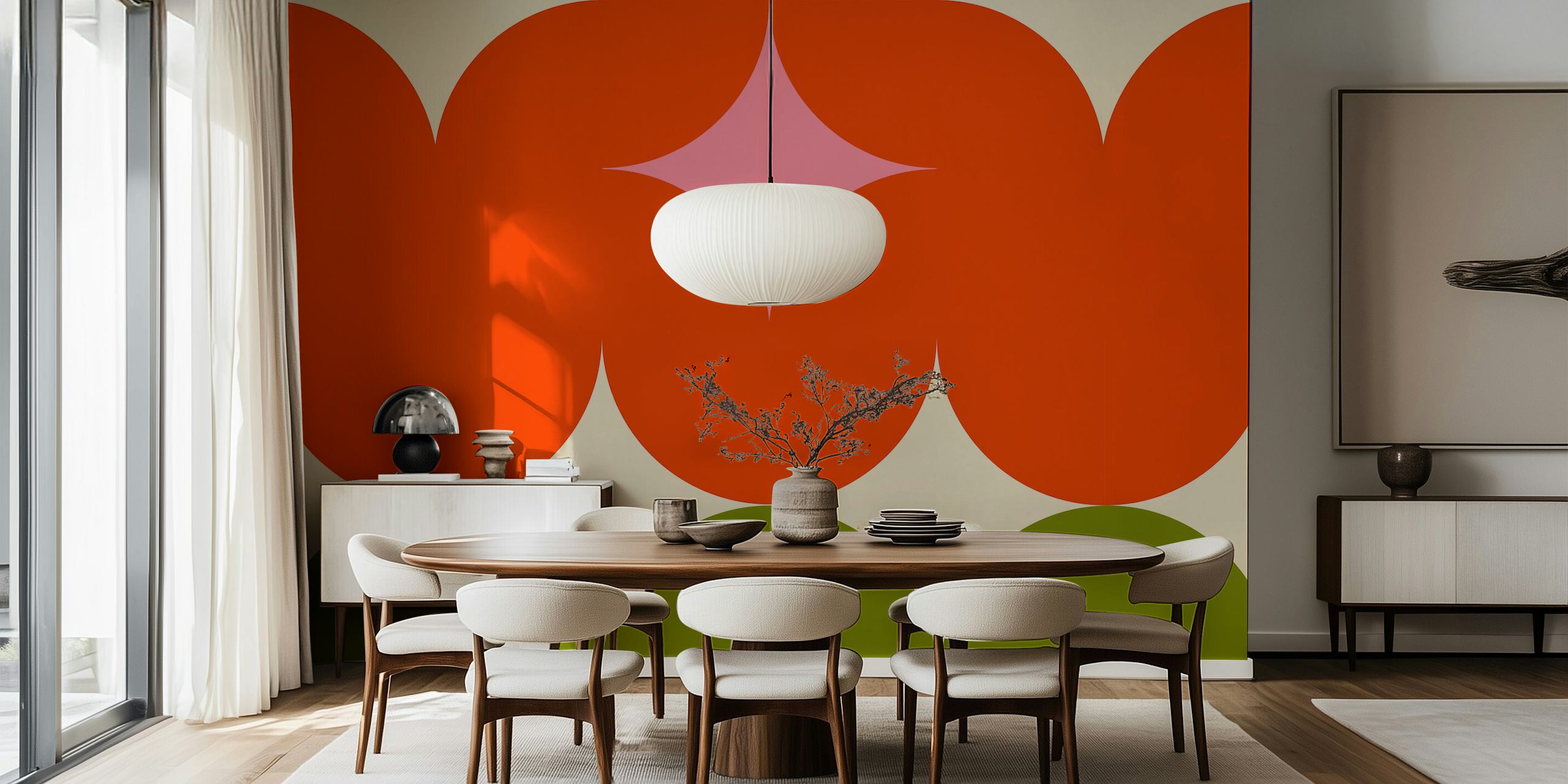 Geometric patterns in orange and green with pink accents wallpaper