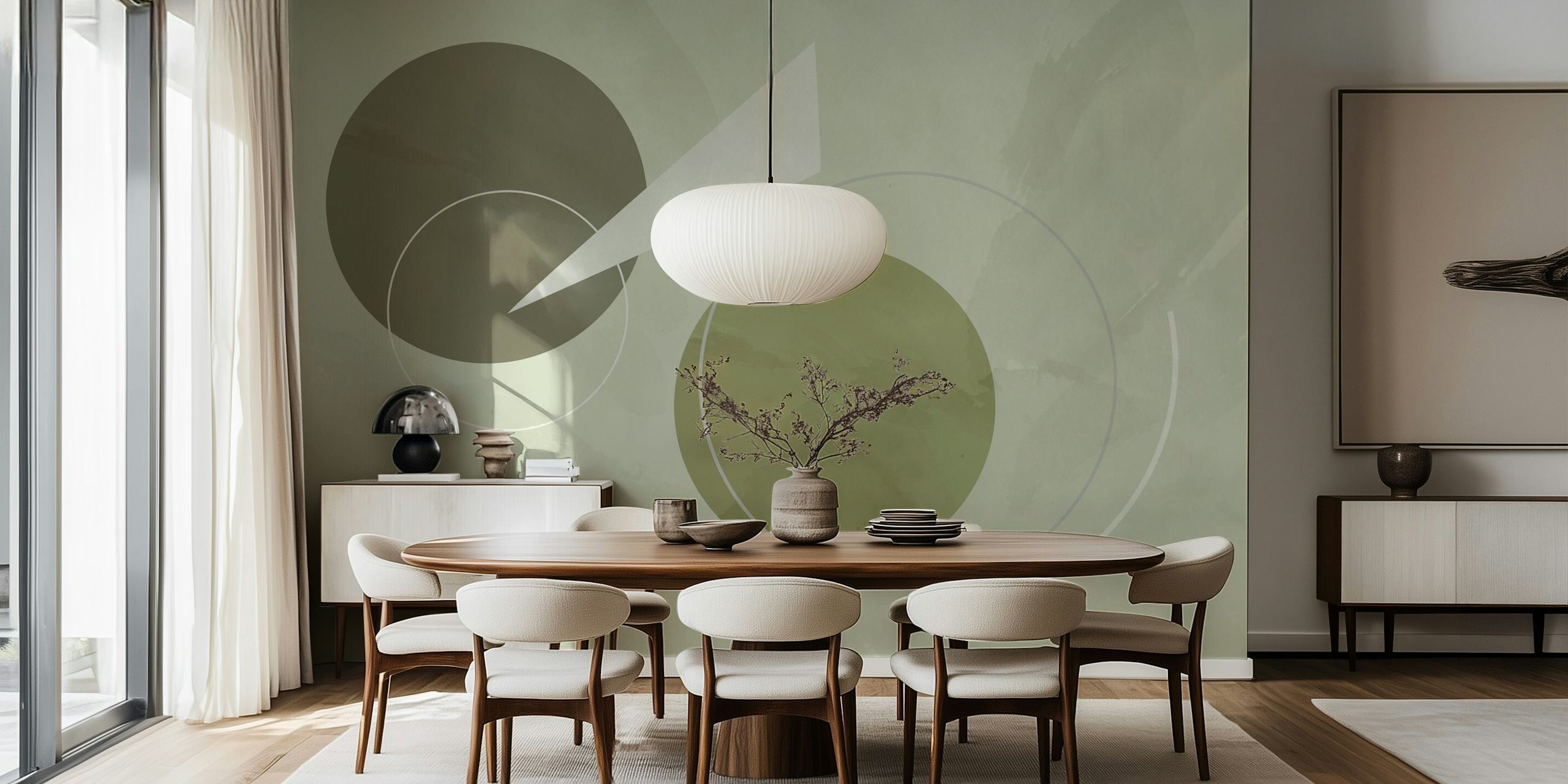 Sage and grey geometric shapes wall mural in mid-century modern style