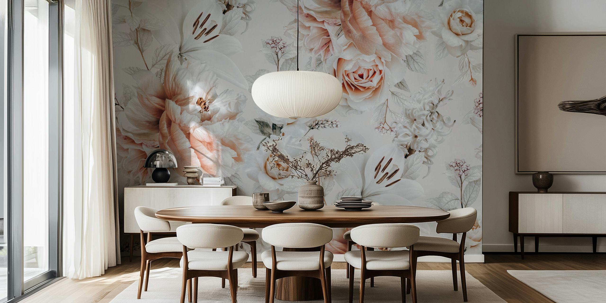 Pink floral wallpaper with roses and lilies in soft tones