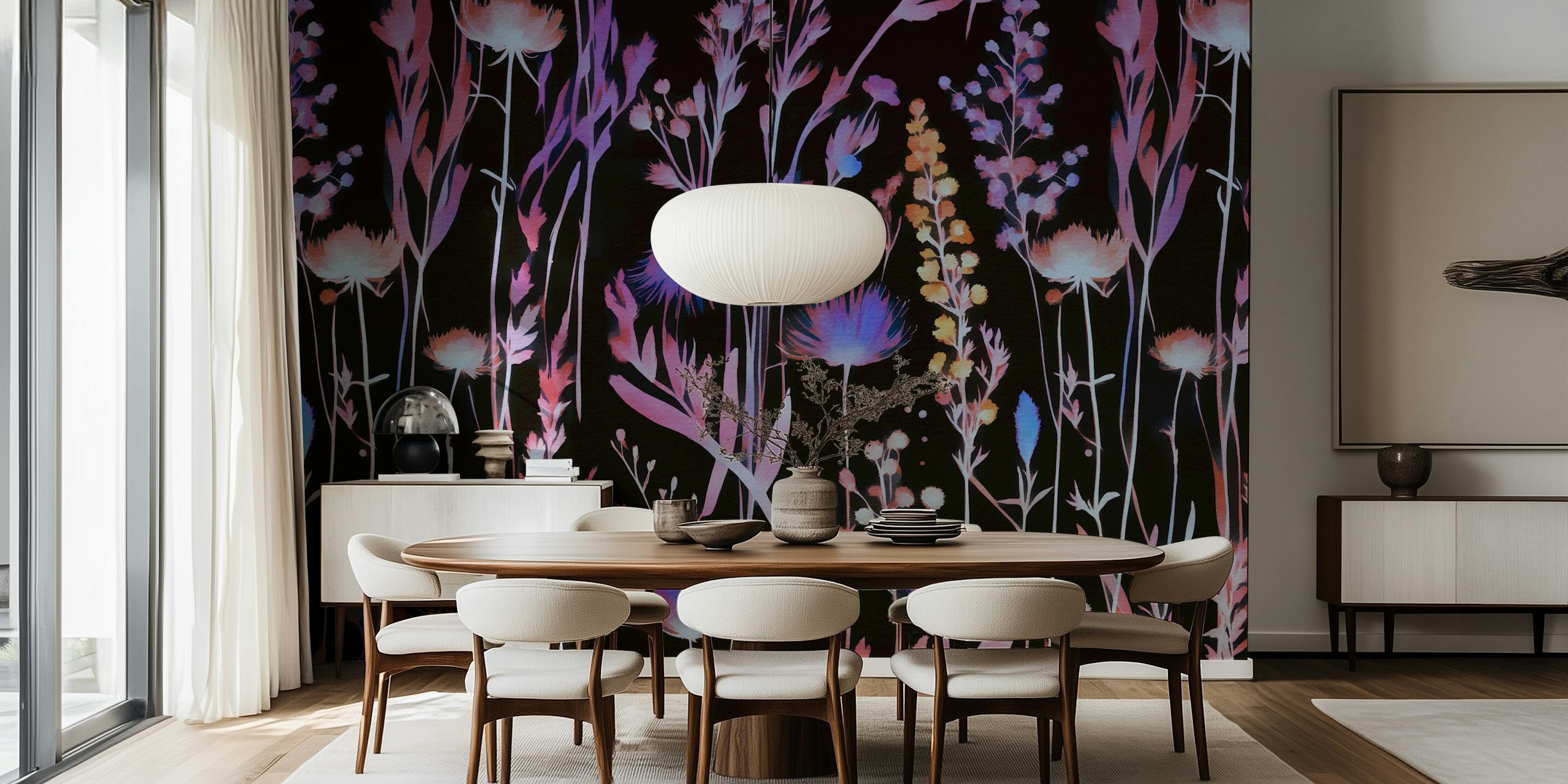 Vivid moody wildflowers wallpaper in a room