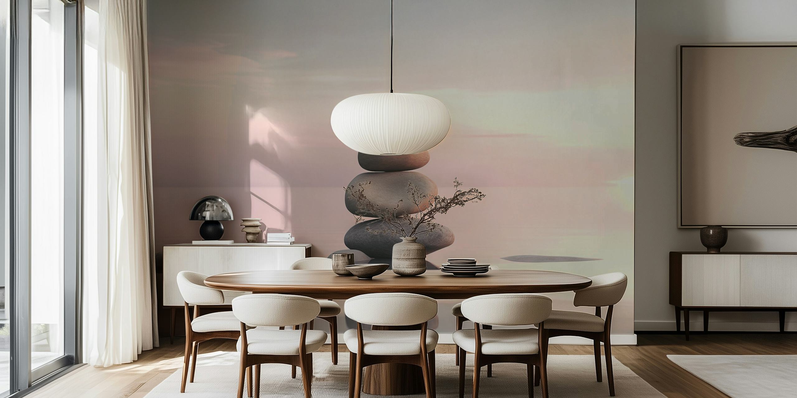 Zen sunset steen cairn behang in een kamer