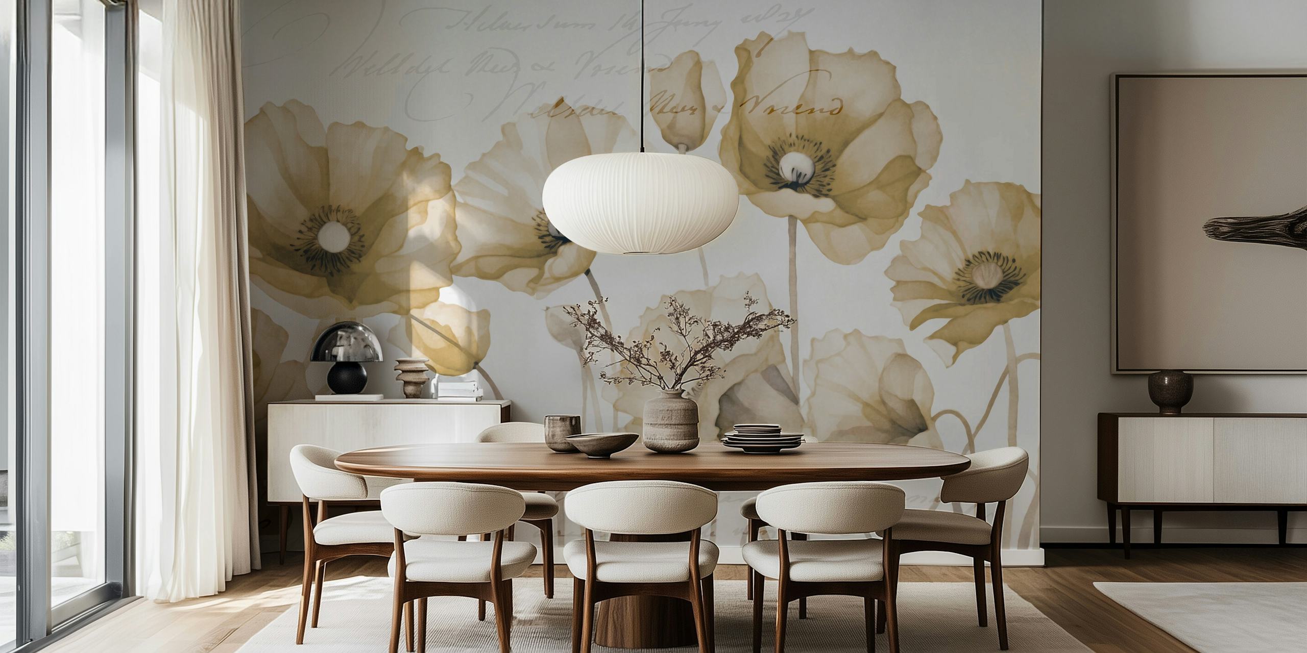 Soft beige floral poppy wallpaper with elegant design