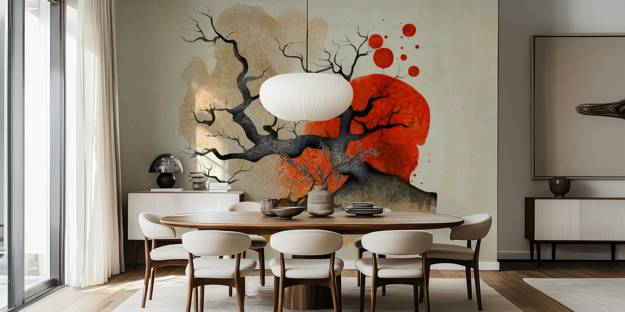 Abstract tree silhouette with red sun and earthy tones wallpaper