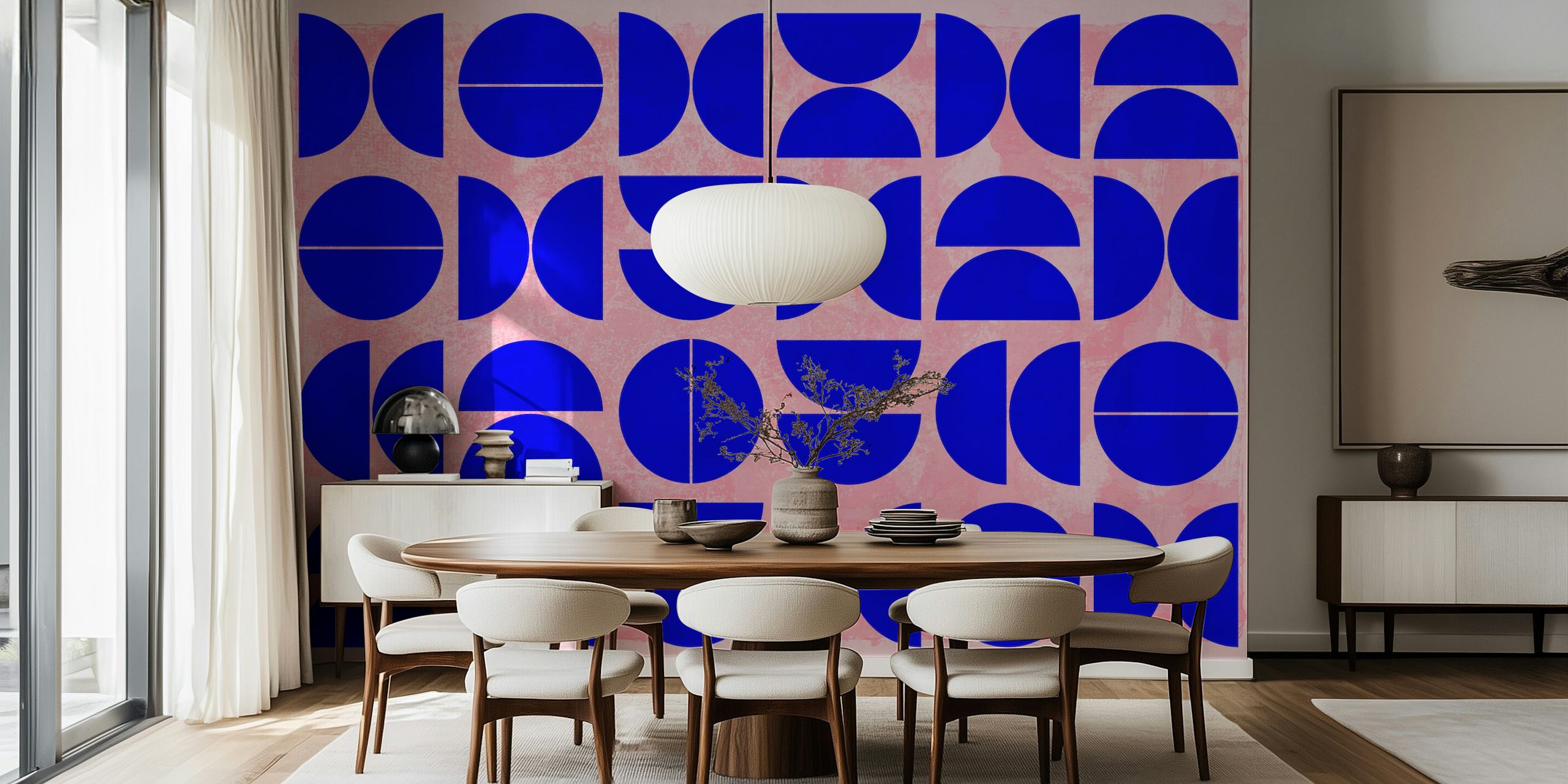 Abstract blauwe geometrische vormen op een neutraal fotobehang voor een modern interieur