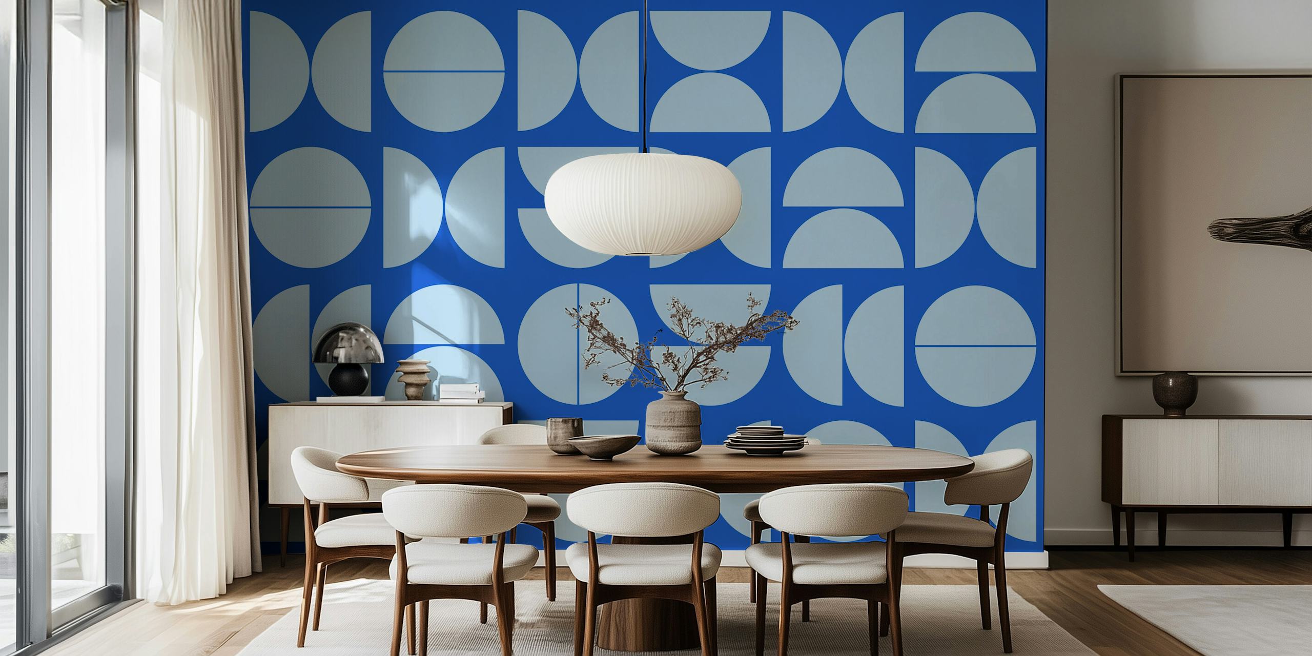 Modern blue geometric wallpaper in a room