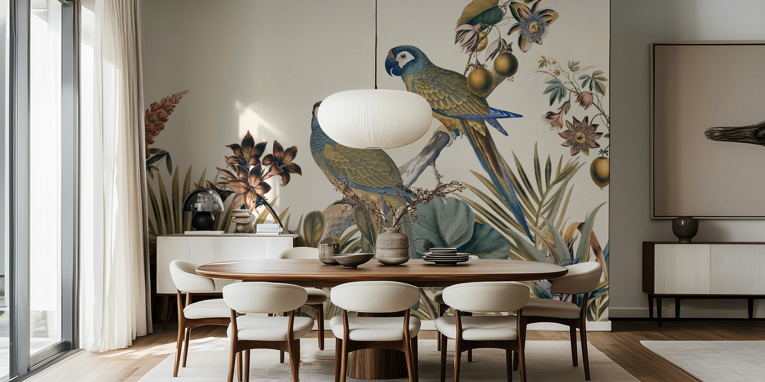 Tropical parrots and botanical elements in muted tones wallpaper