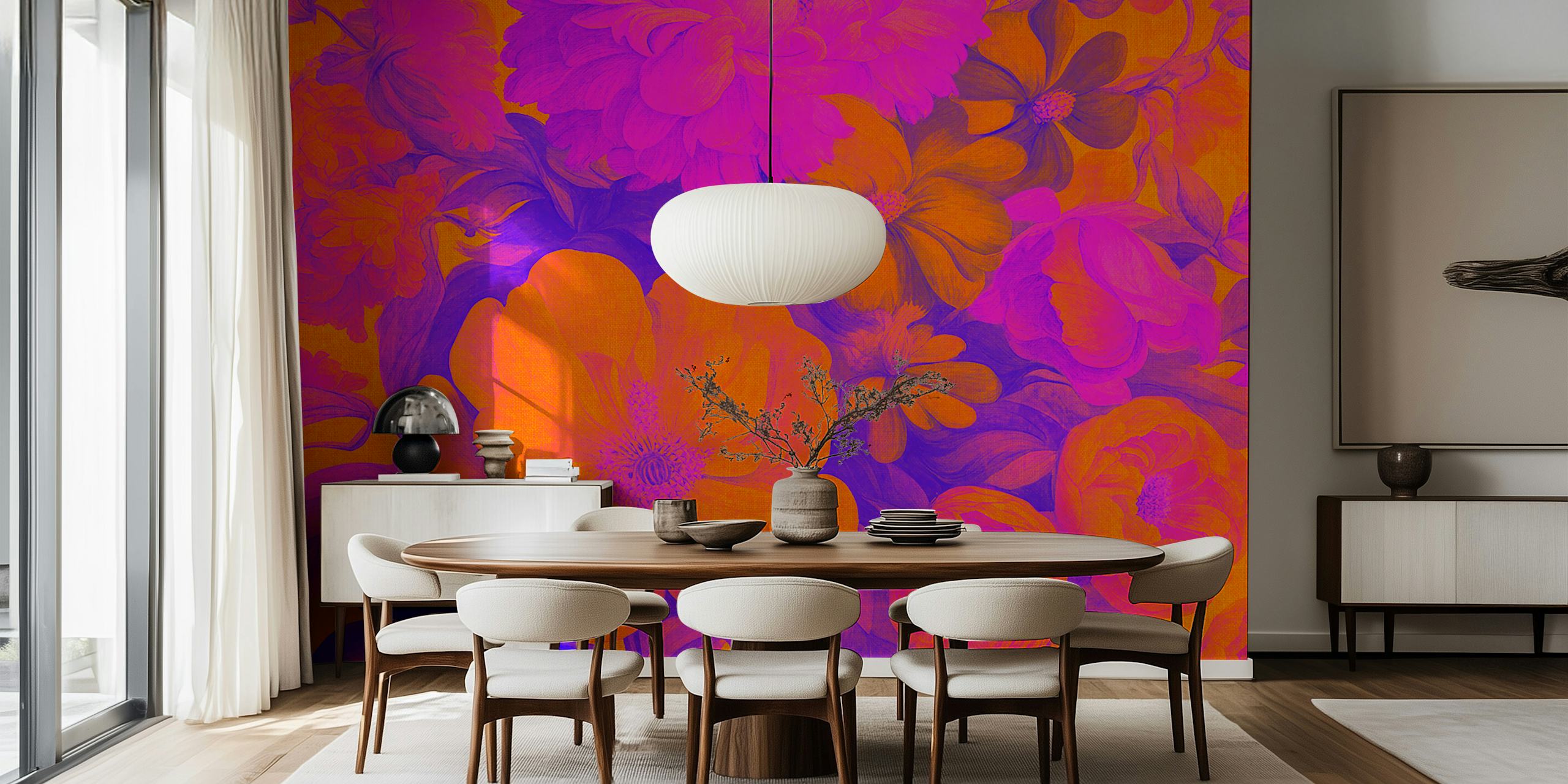 Vibrant orange and purple baroque floral wallpaper