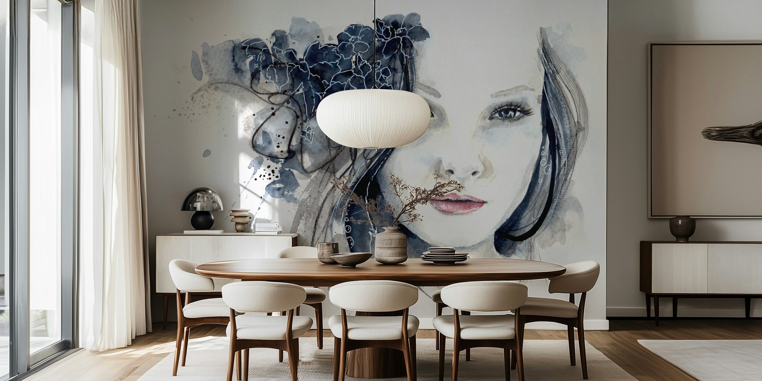 Watercolor portrait illustration of a girl with floral elements in muted blues and whites wallpaper