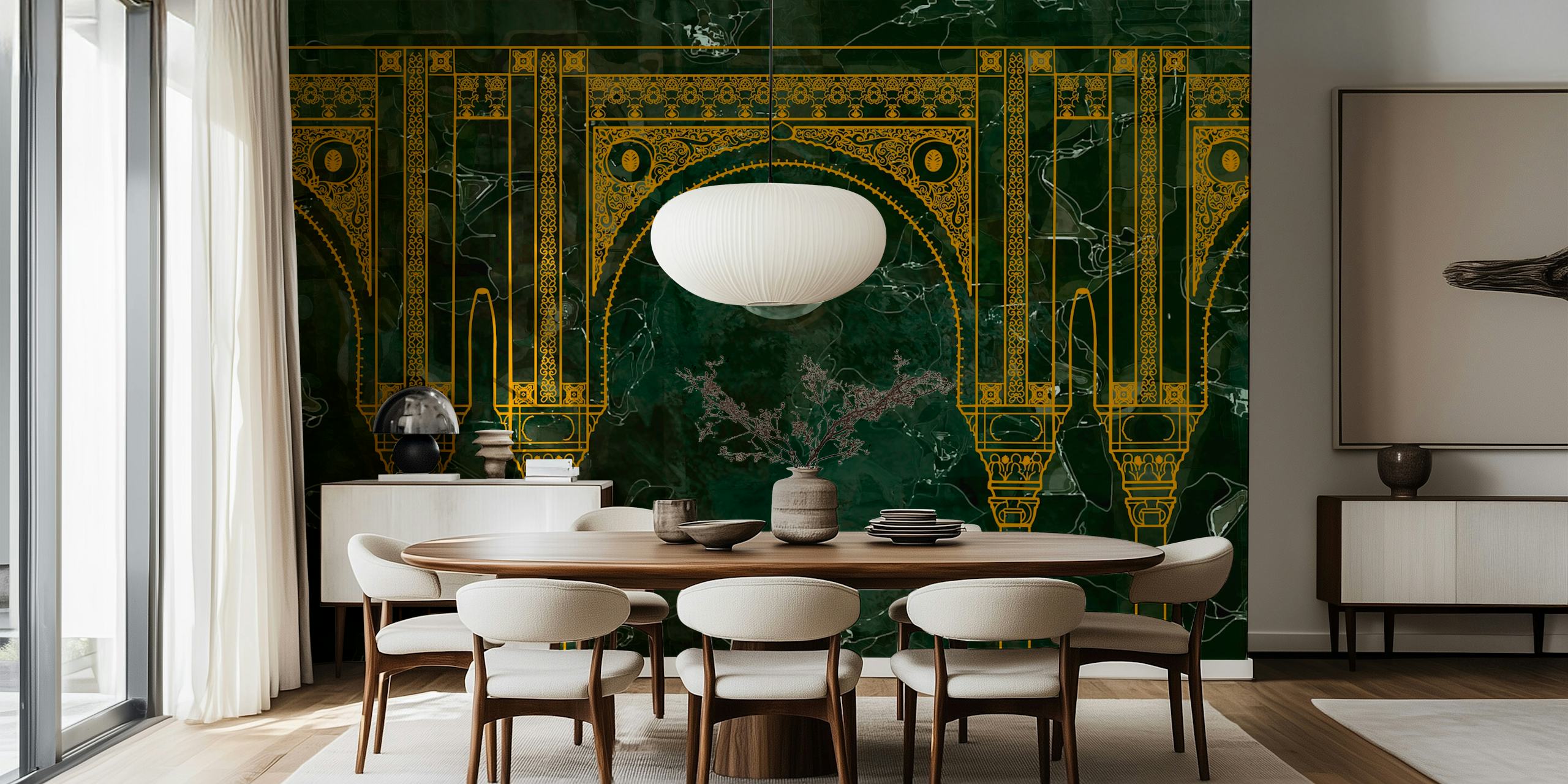 Green marbled wallpaper with gold geometric pattern