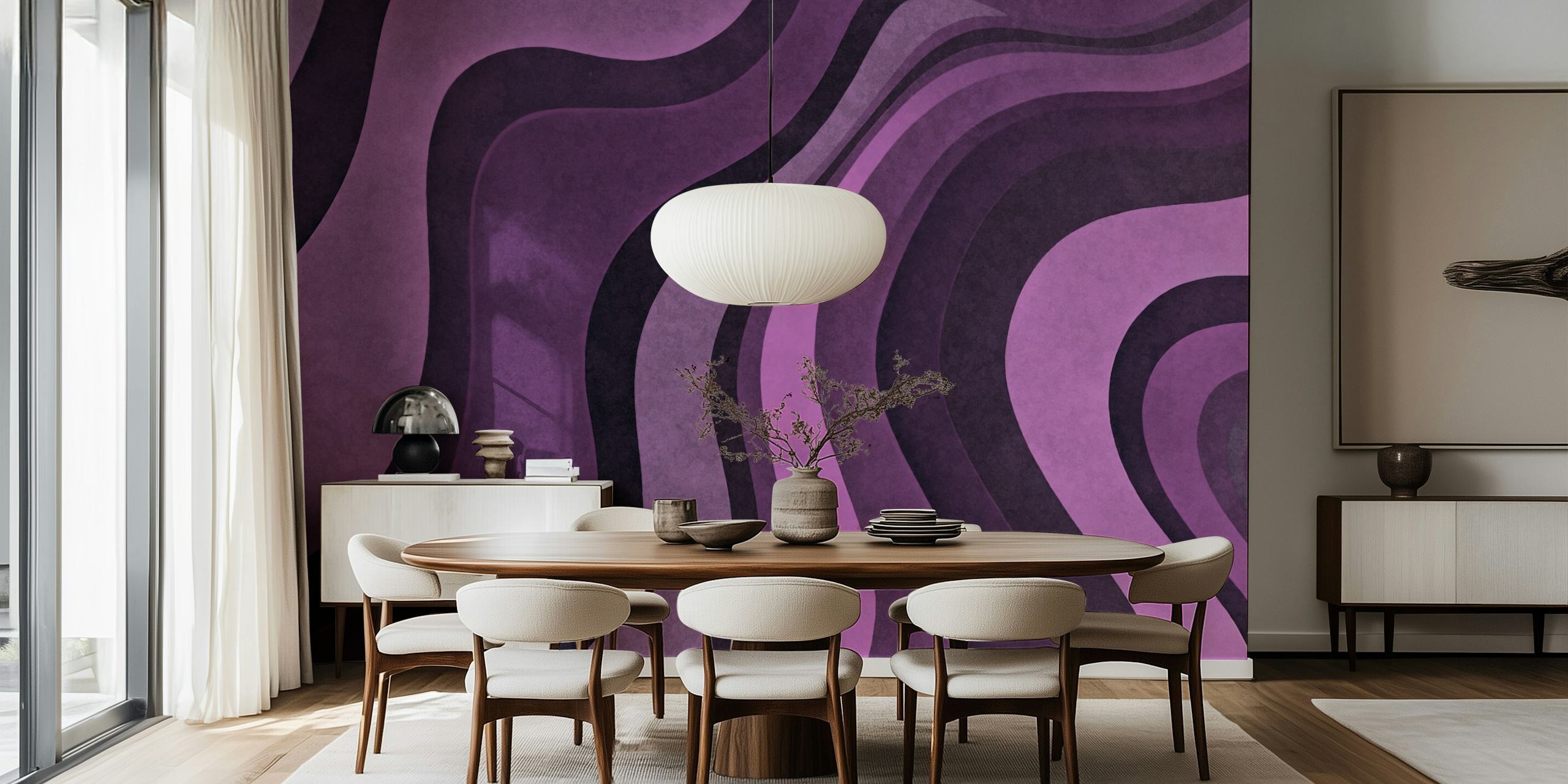 Wavy watercolor purple shapes wallpaper in a room