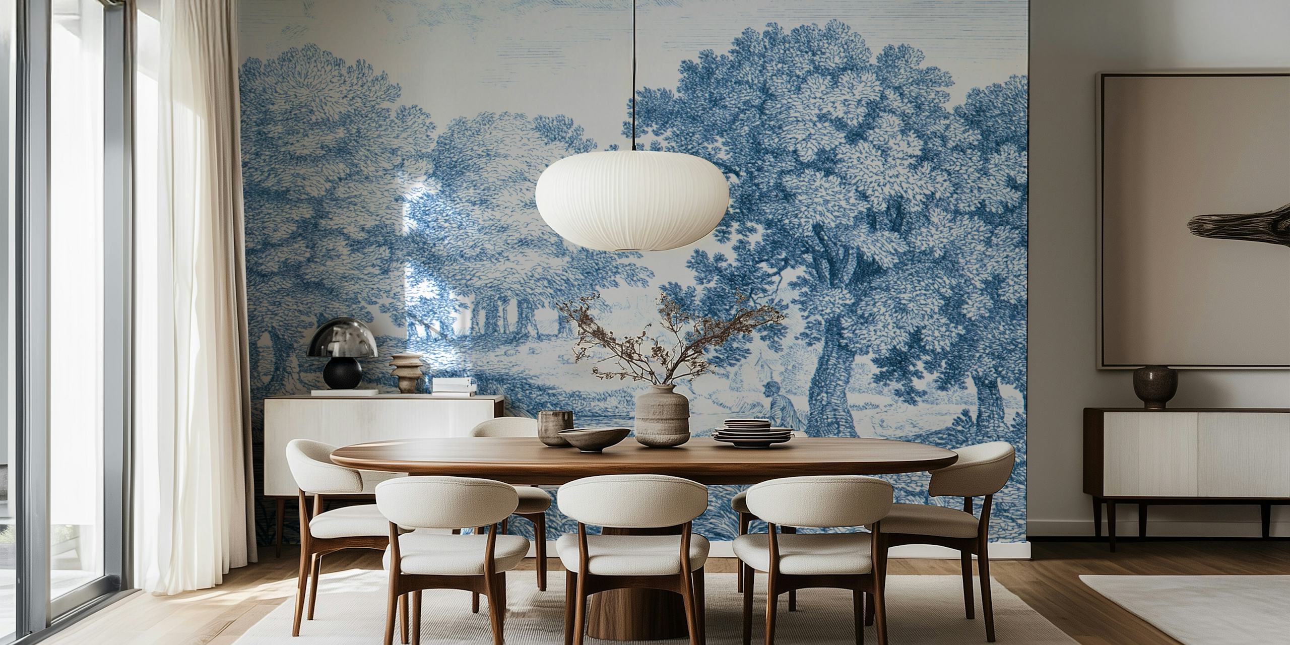 Vintage landscape scene with blue trees and river wallpaper