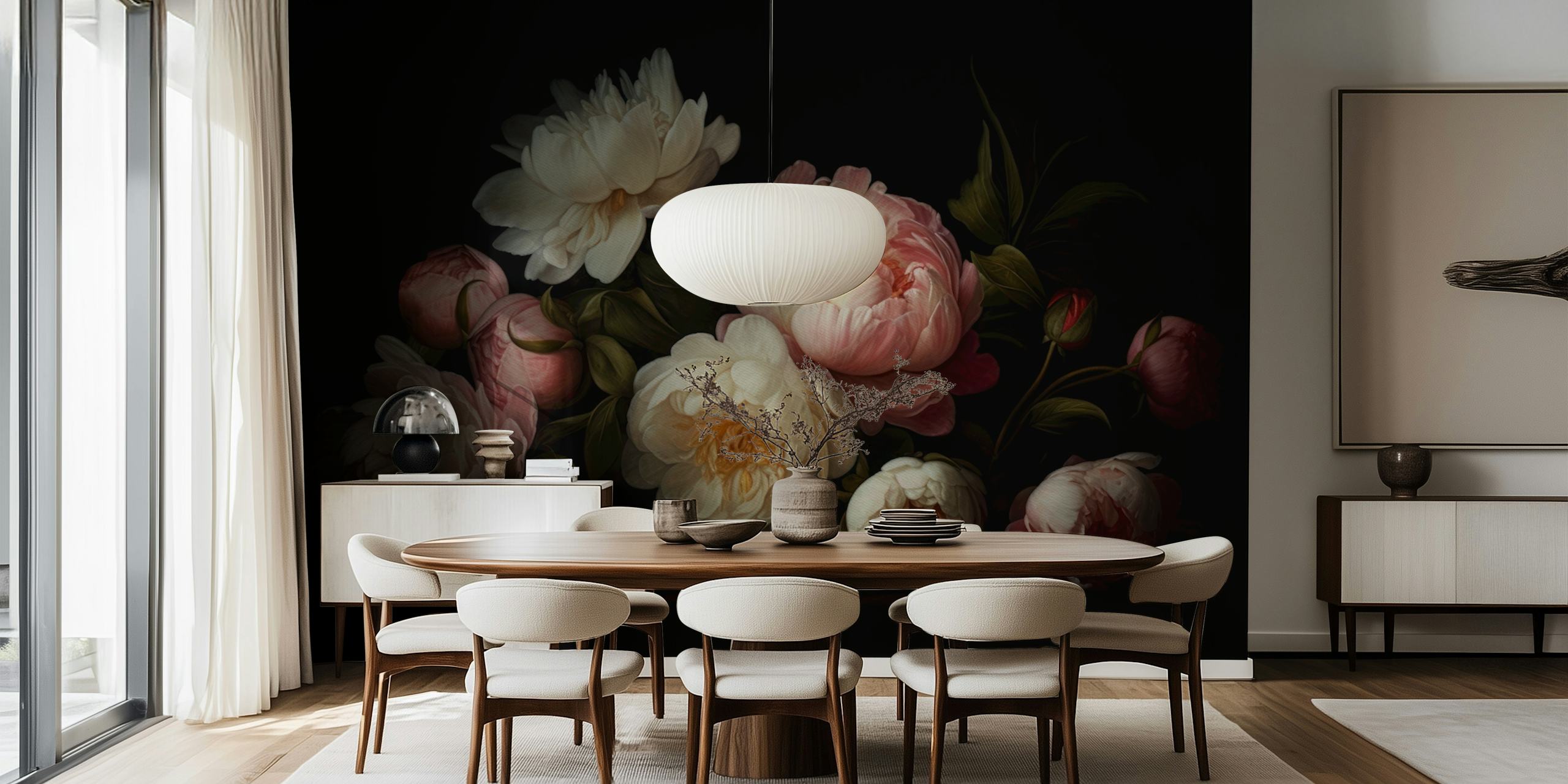 Vintage floral peonies in soft pink and cream hues on a dark background wallpaper
